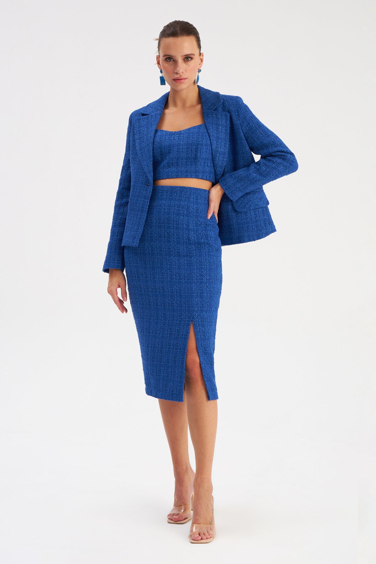 Yırtmaçlı Tüvit Kalem Etek - SAX MAVİ