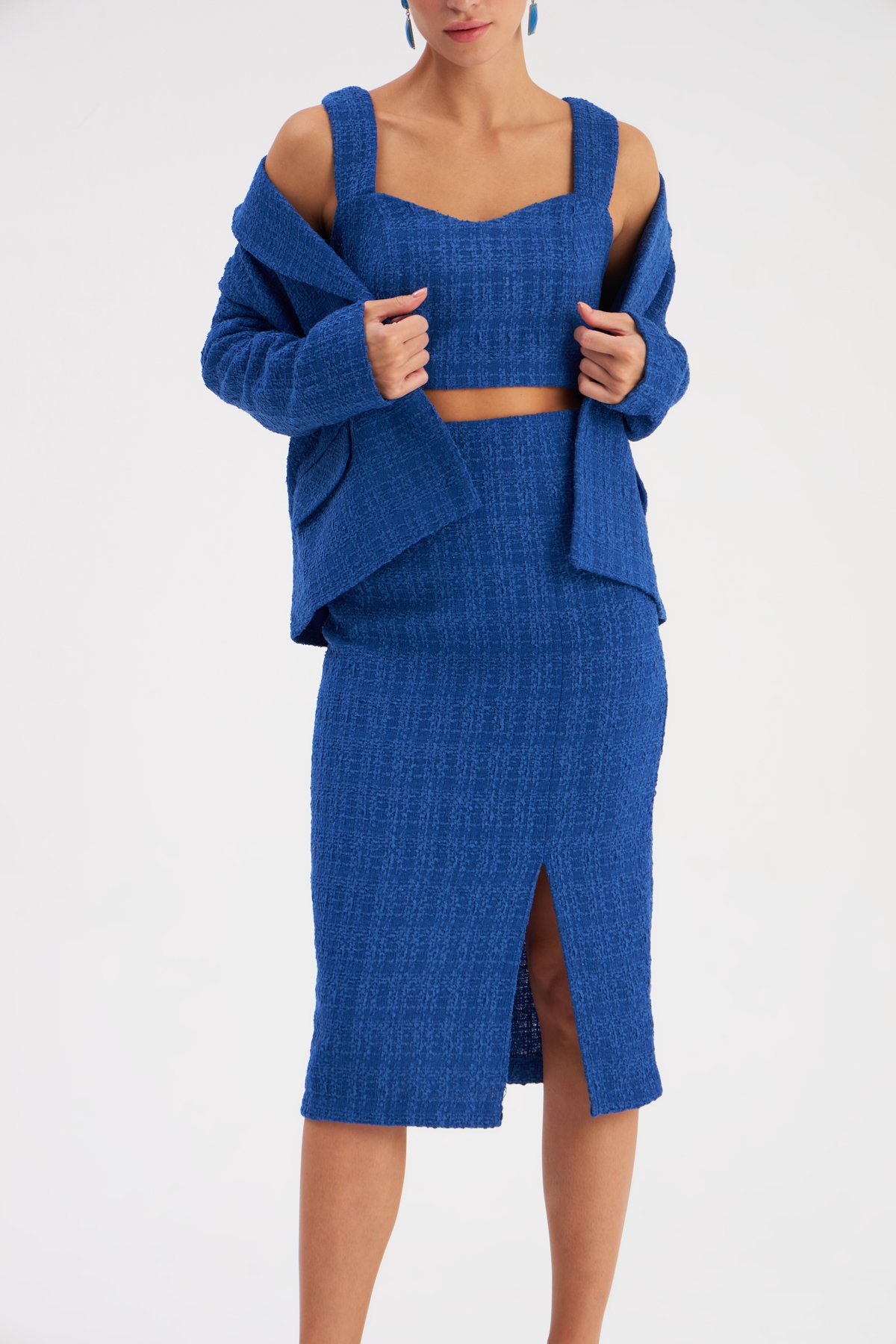 Yırtmaçlı Tüvit Kalem Etek - SAX MAVİ