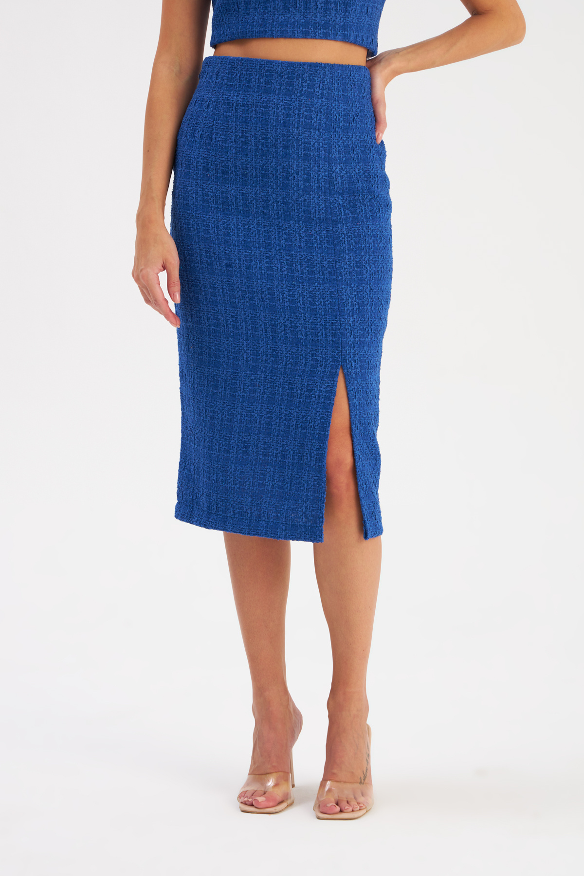 Yırtmaçlı Tüvit Kalem Etek - SAX MAVİ