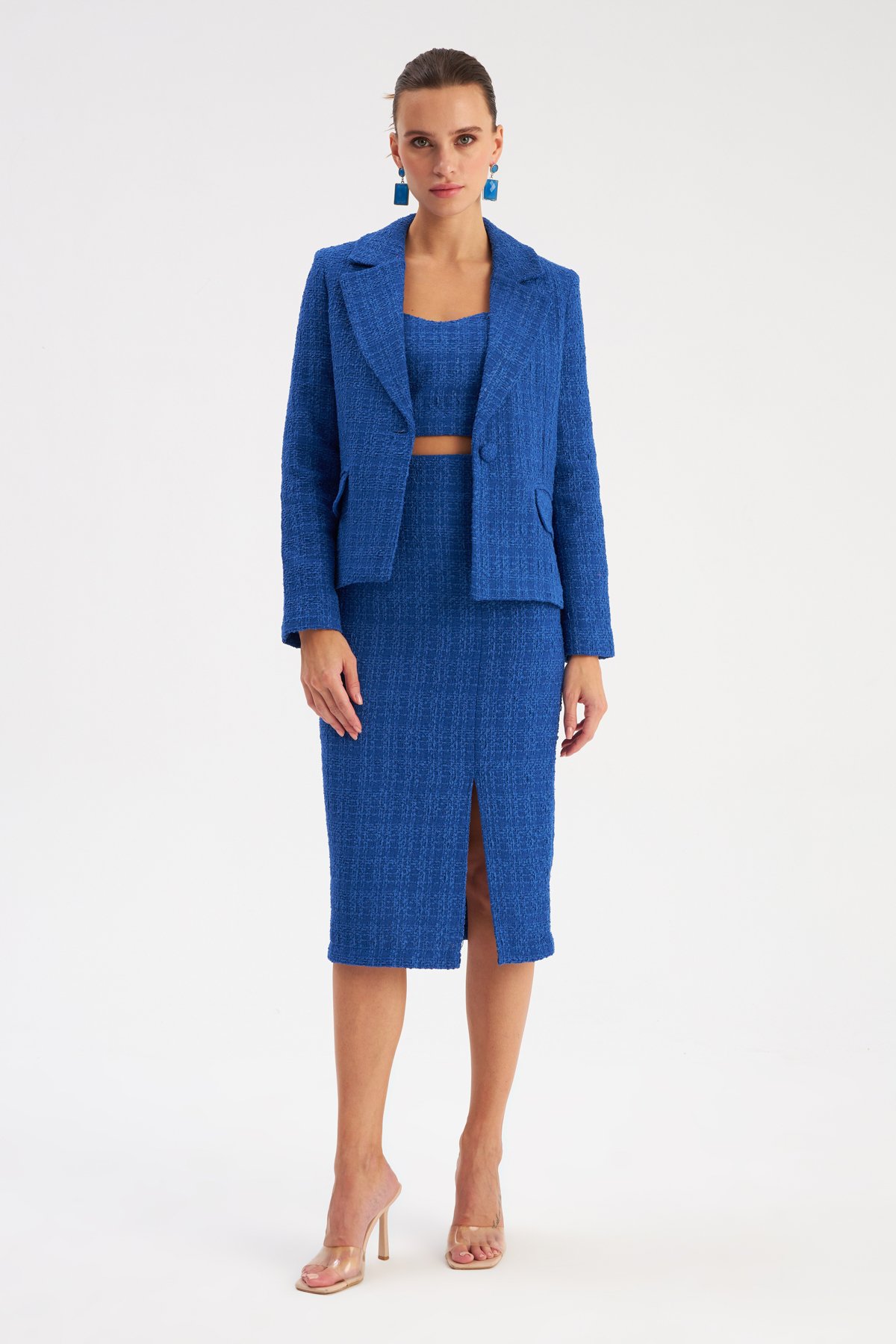 Yırtmaçlı Tüvit Kalem Etek - SAX MAVİ