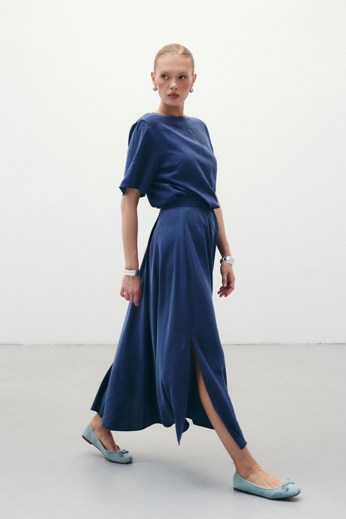 Yırtmaçlı Uzun Etek - İndigo