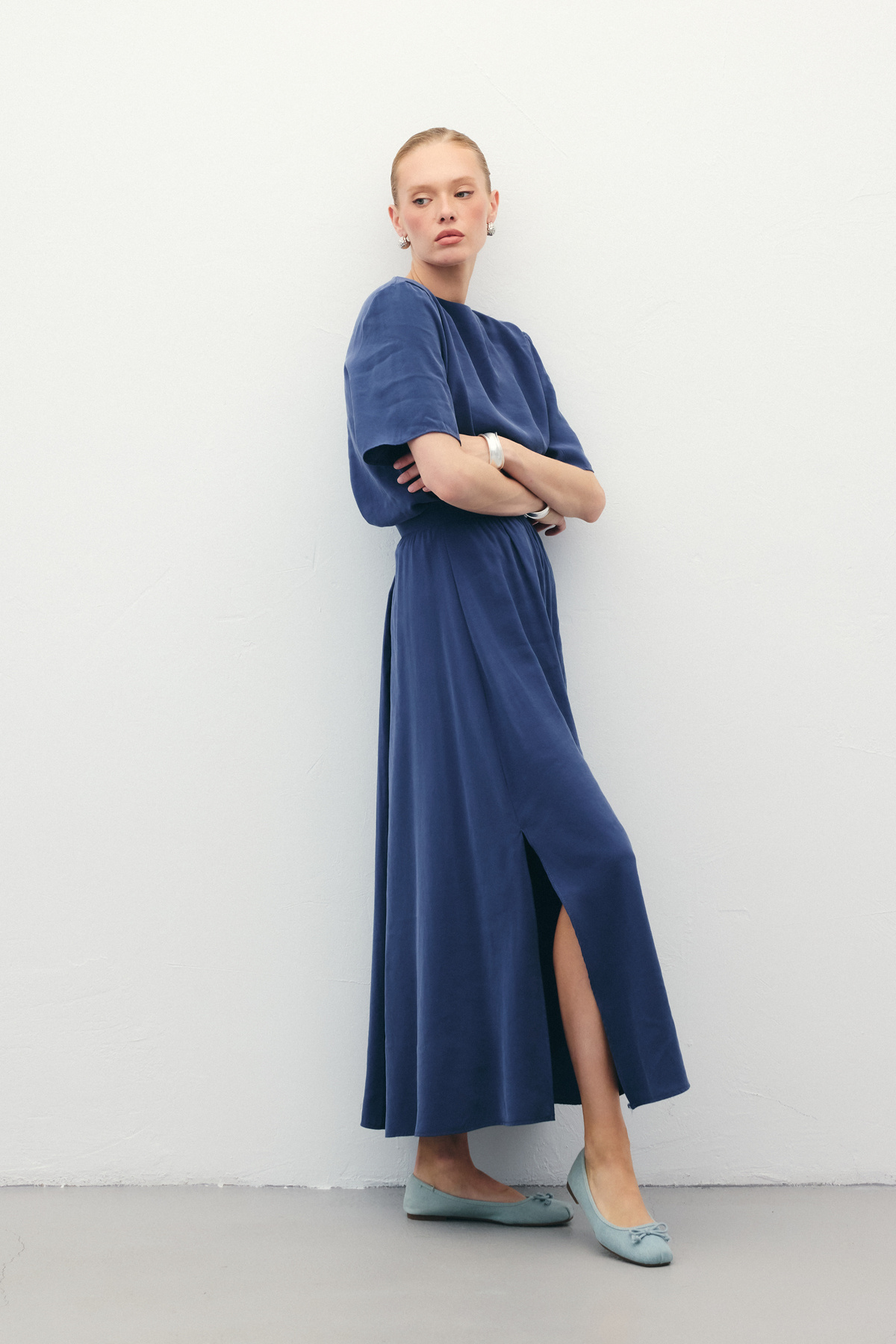 Yırtmaçlı Uzun Etek - İndigo