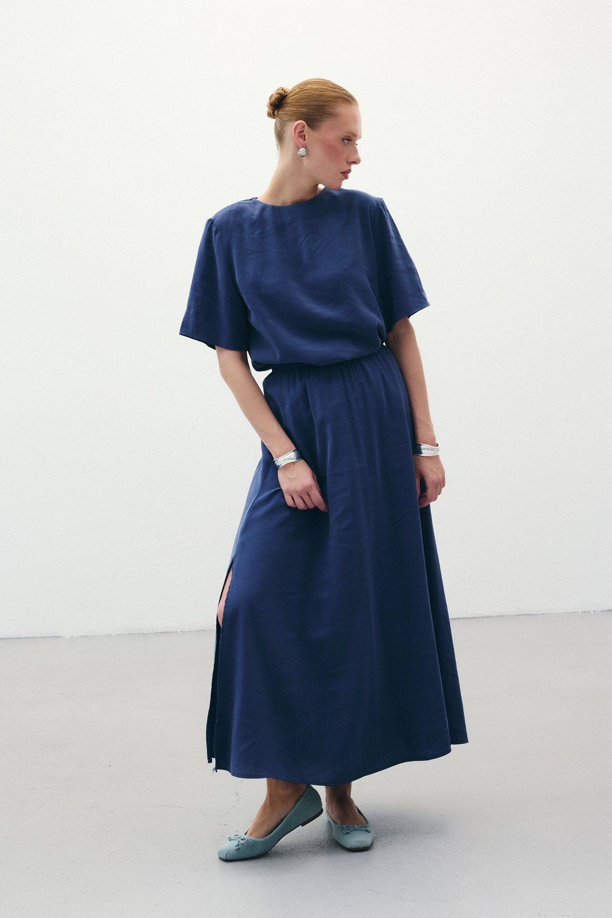 Yırtmaçlı Uzun Etek - İndigo