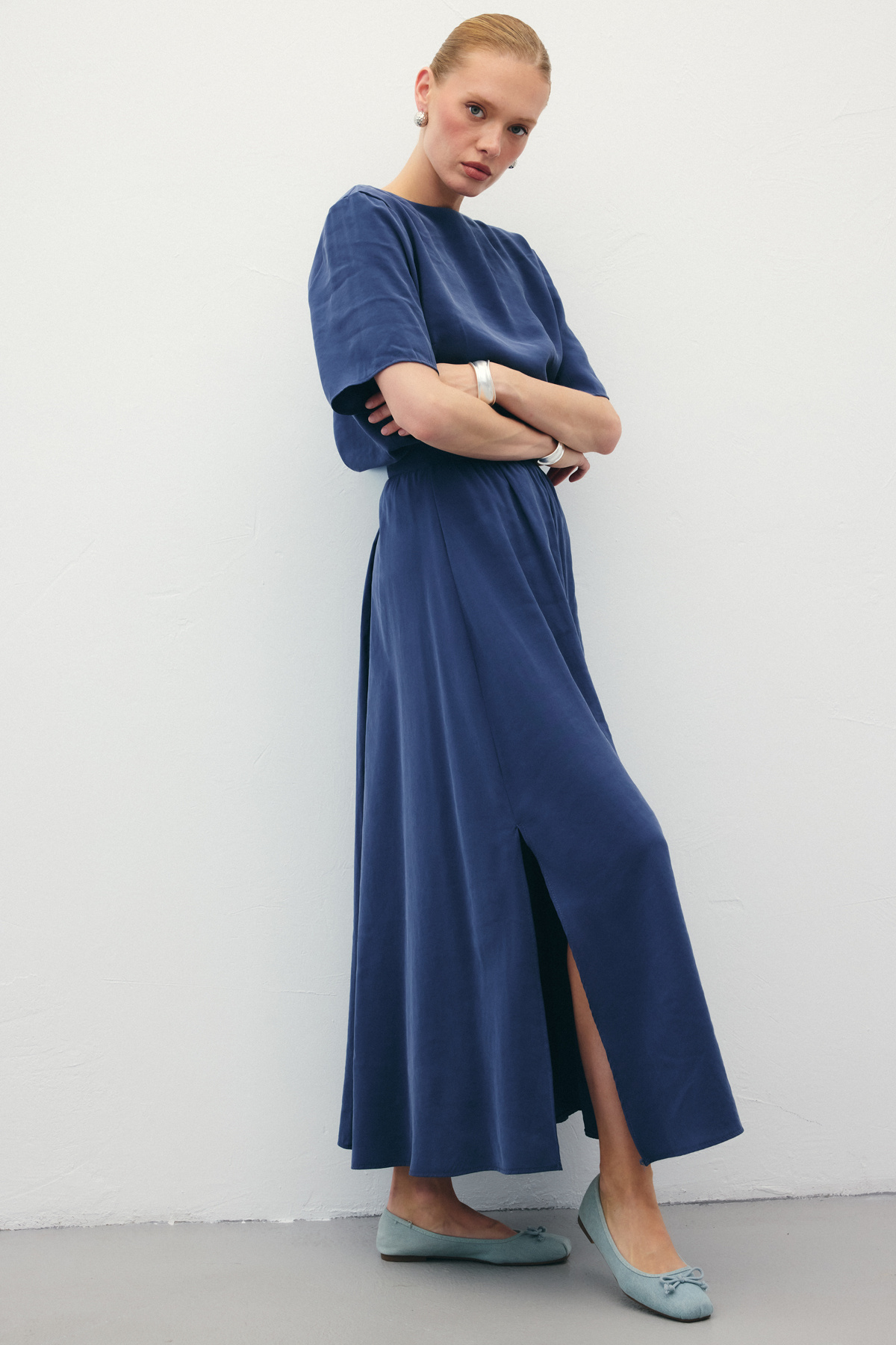 Yırtmaçlı Uzun Etek - İndigo