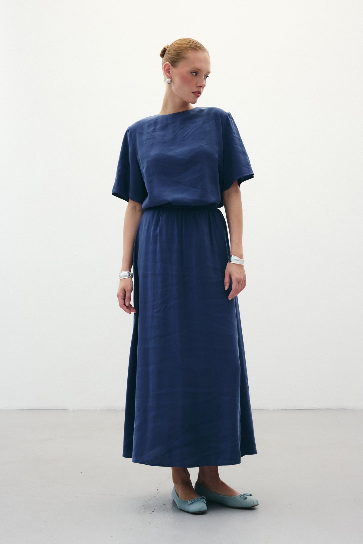 Yırtmaçlı Uzun Etek - İndigo