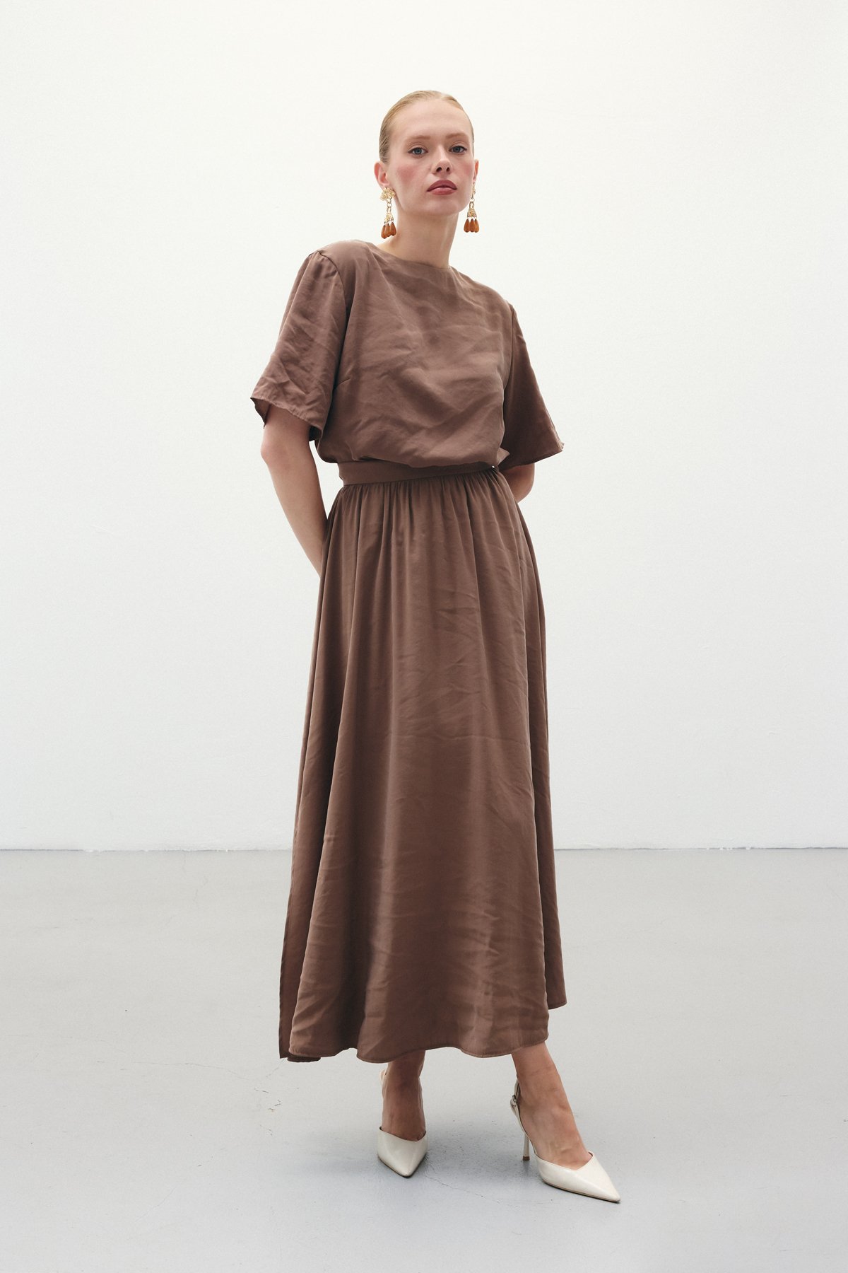 Yırtmaçlı Uzun Etek - Kahve