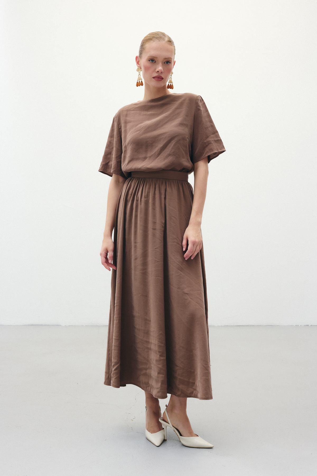 Yırtmaçlı Uzun Etek - Kahve