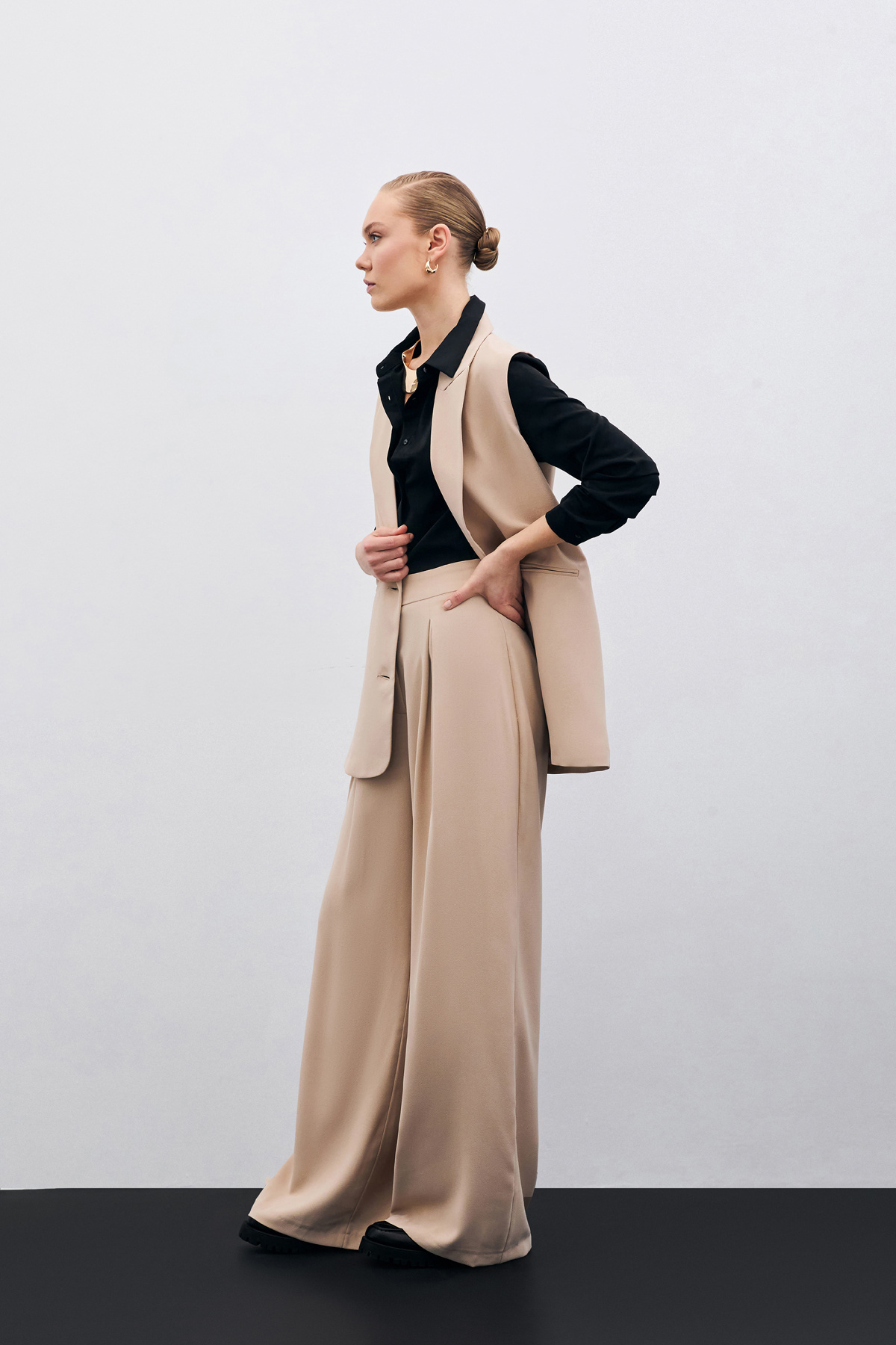 Yüksek Bel Bol Paça Pantolon - Bej