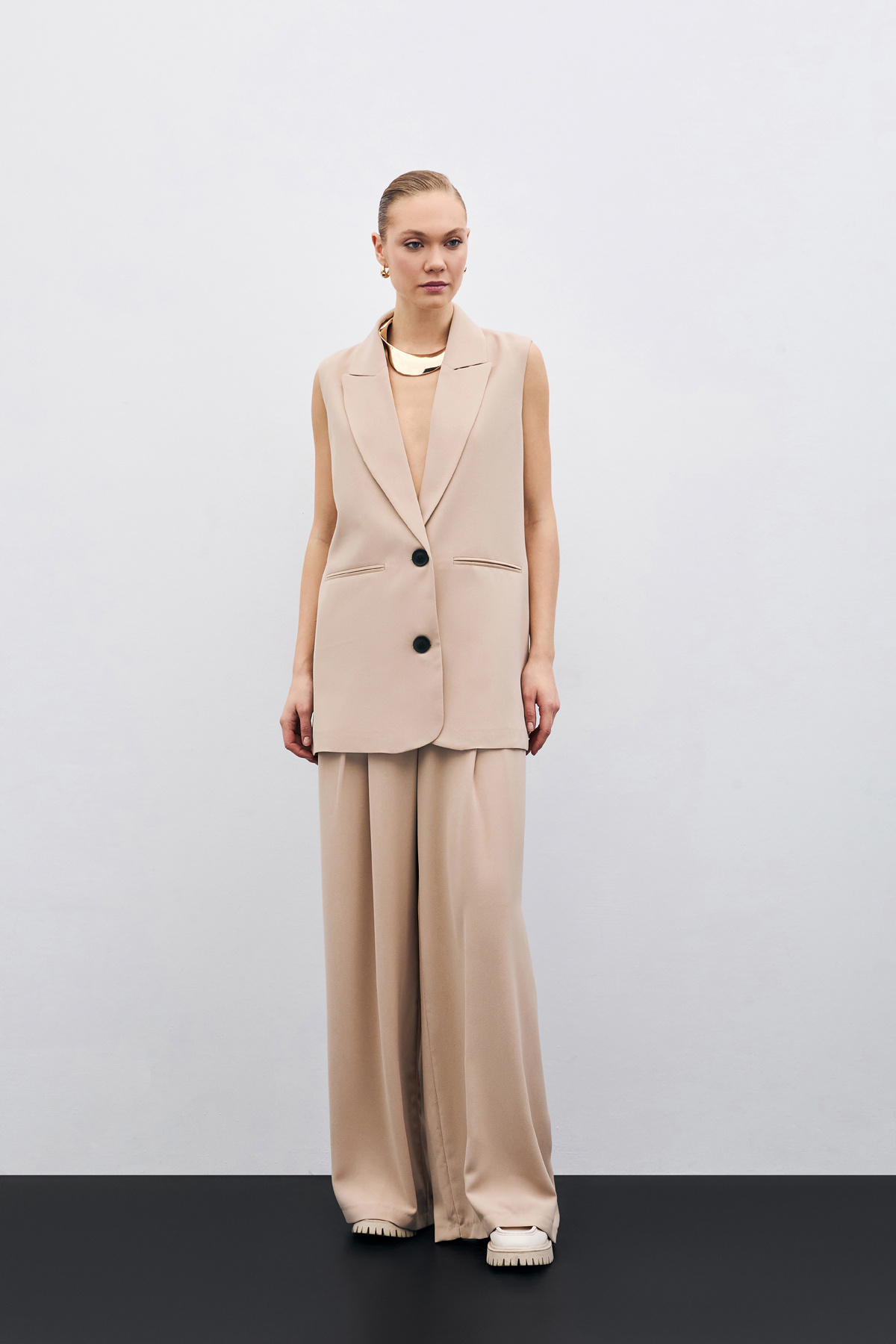 Yüksek Bel Bol Paça Pantolon - Bej