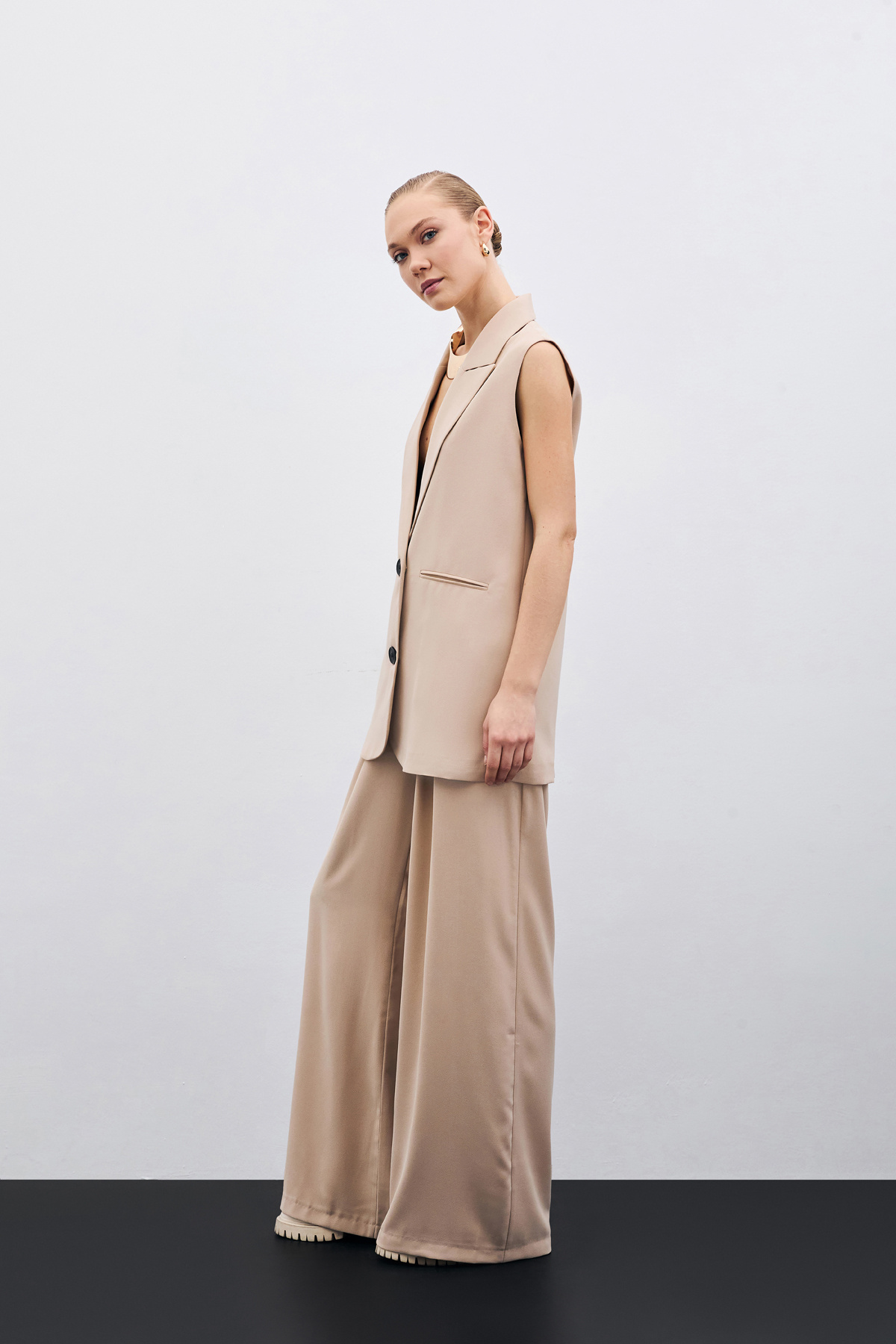 Yüksek Bel Bol Paça Pantolon - Bej