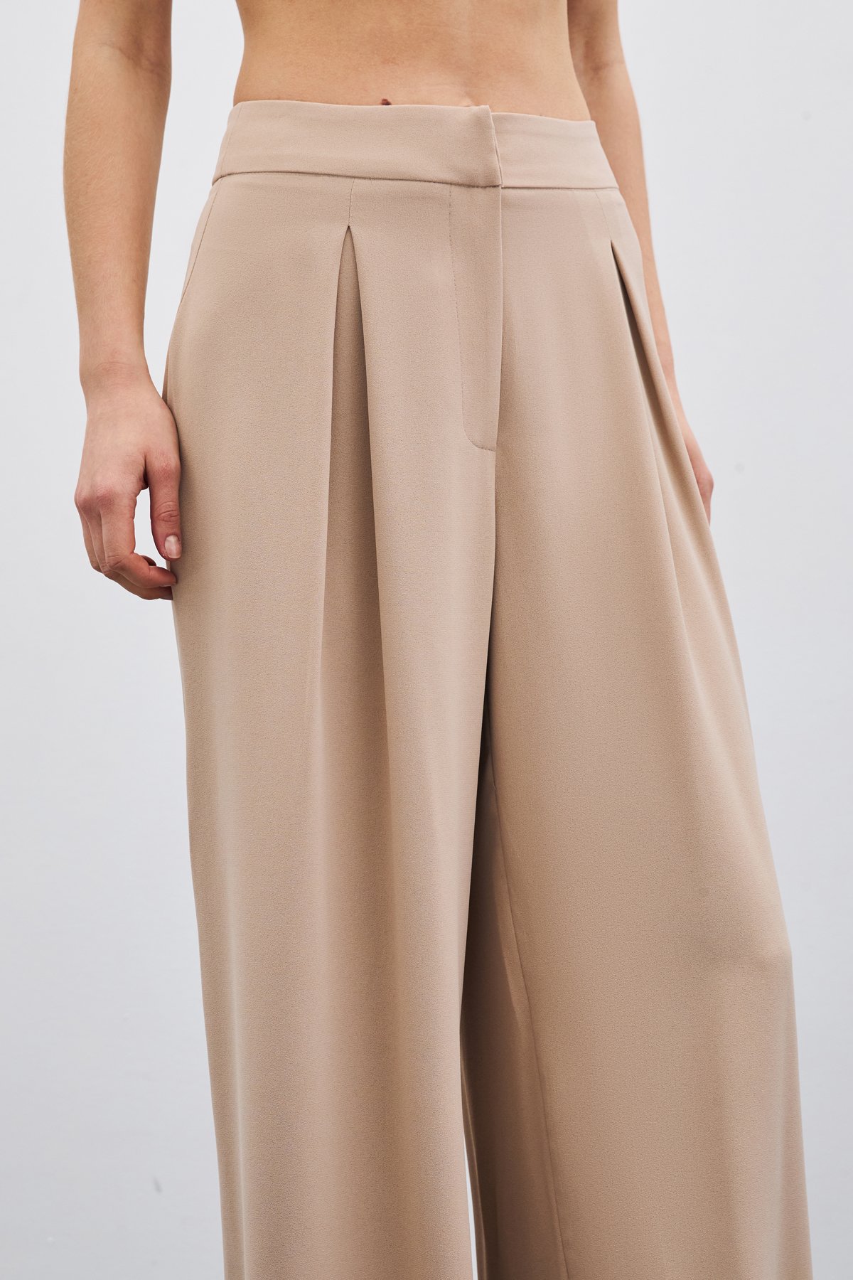 Yüksek Bel Bol Paça Pantolon - Bej