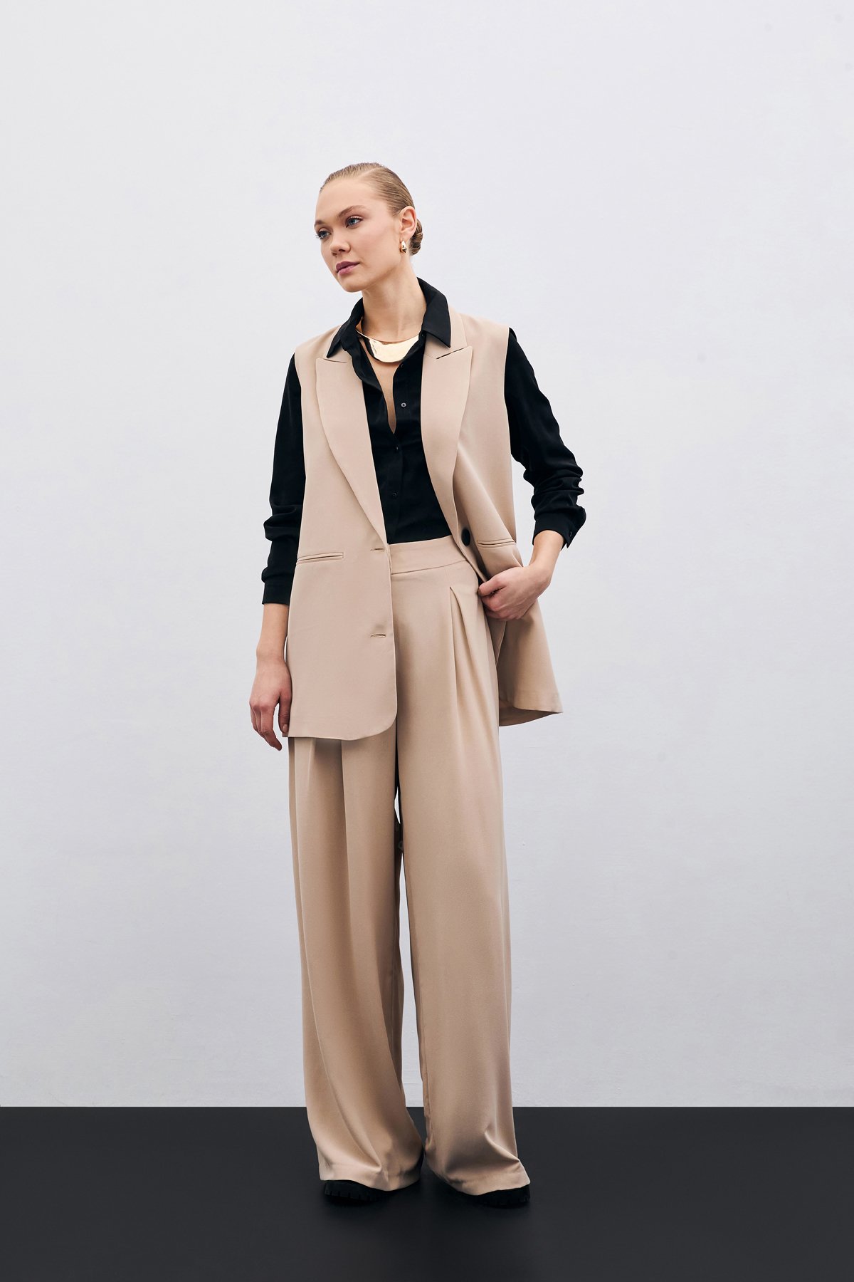 Yüksek Bel Bol Paça Pantolon - Bej