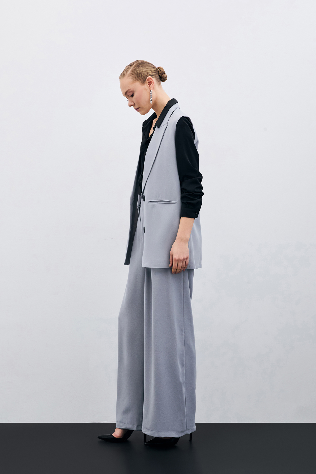 Yüksek Bel Bol Paça Pantolon - Gri