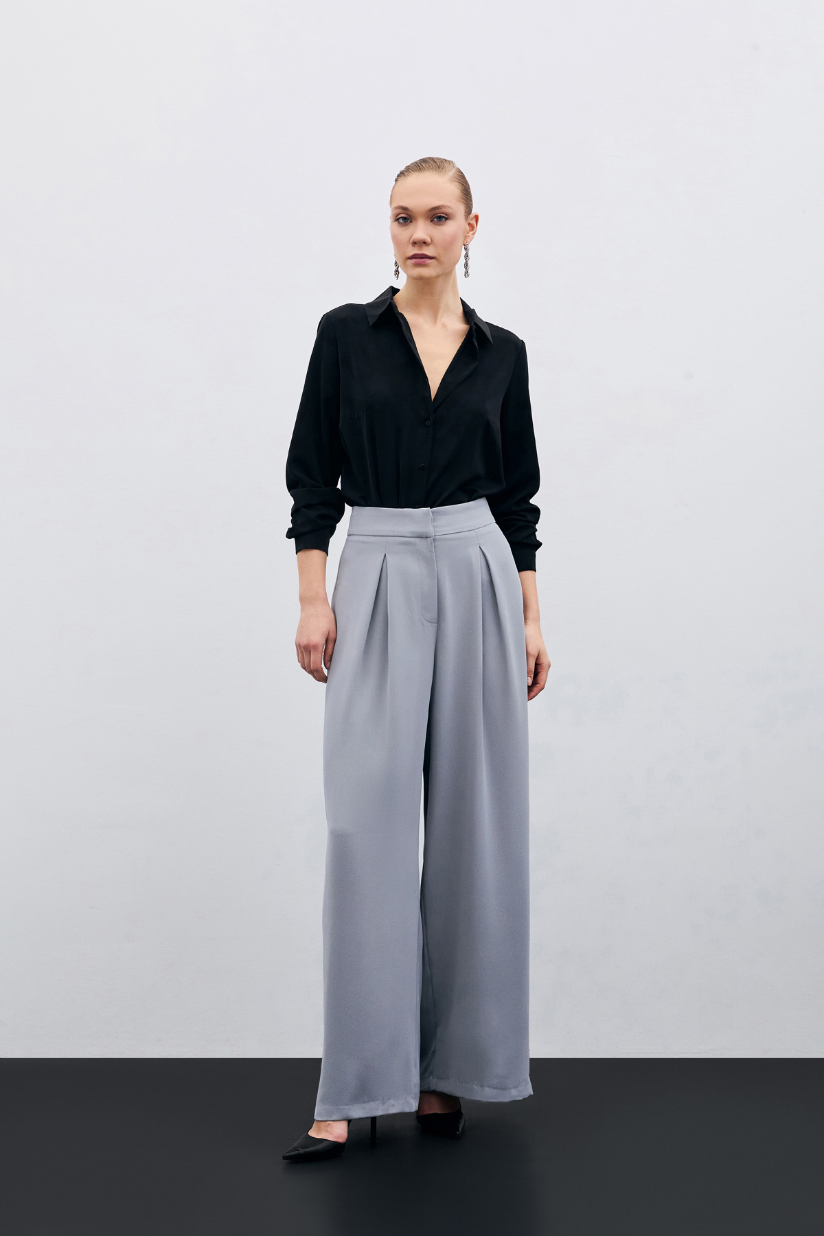 Yüksek Bel Bol Paça Pantolon - Gri