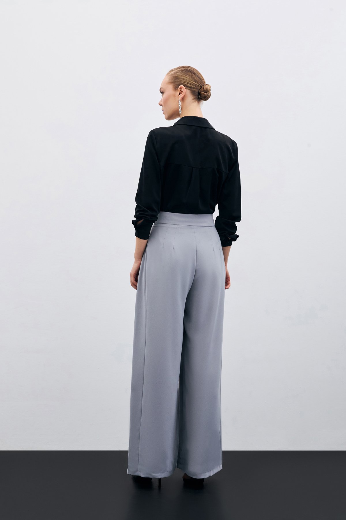 Yüksek Bel Bol Paça Pantolon - Gri