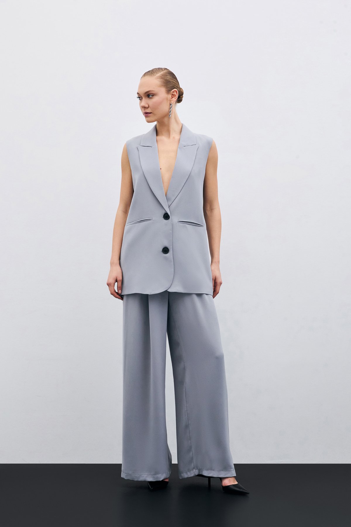 Yüksek Bel Bol Paça Pantolon - Gri