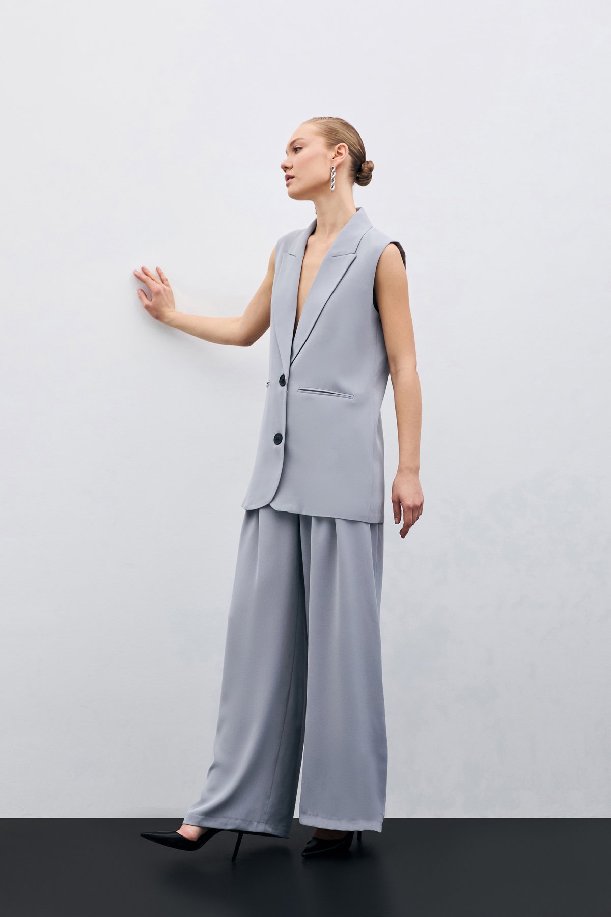 Yüksek Bel Bol Paça Pantolon - Gri