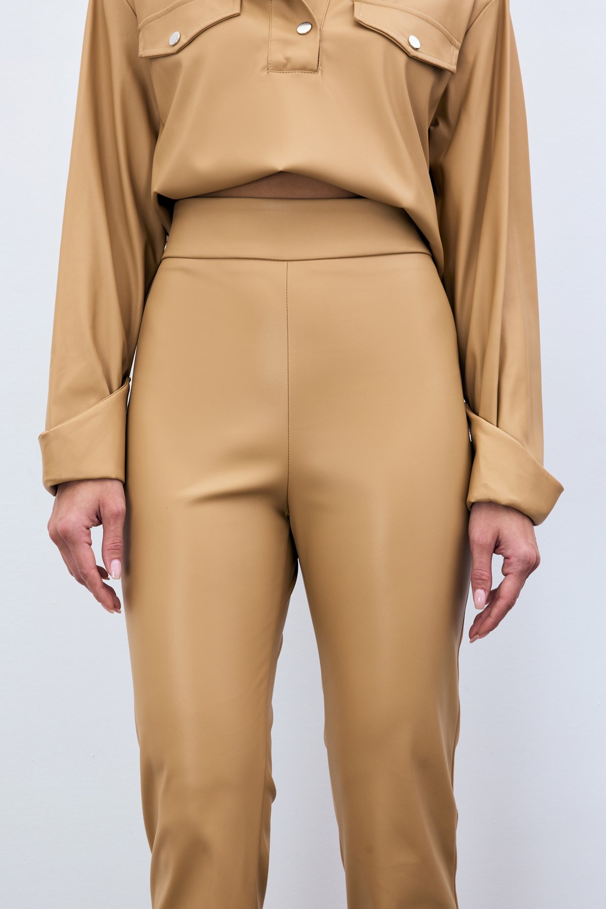 Yüksek Bel Deri Pantolon - Bej