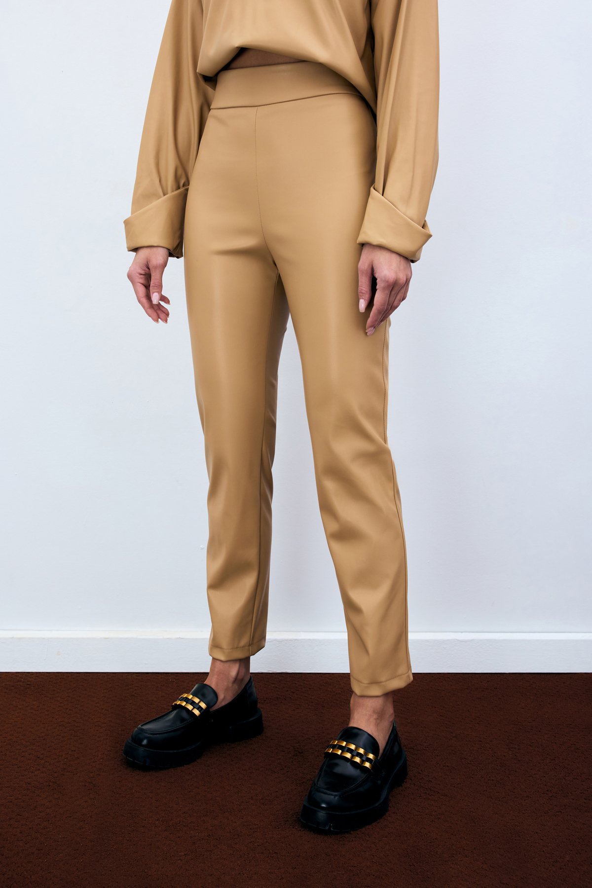 Yüksek Bel Deri Pantolon - Bej