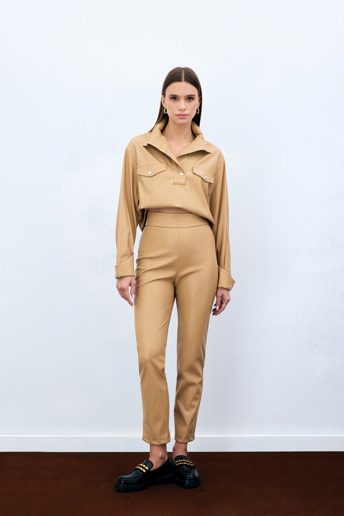 Yüksek Bel Deri Pantolon - Bej