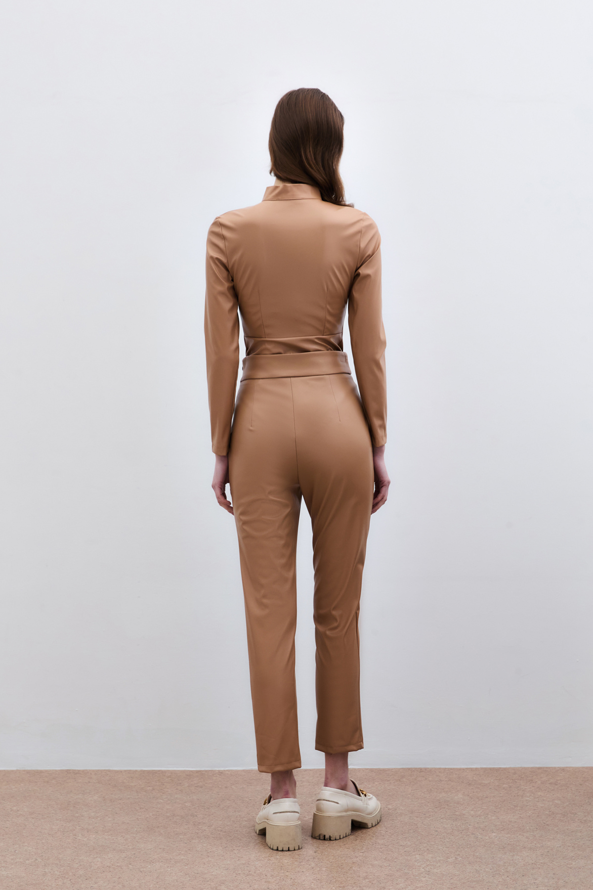 Yüksek Bel Deri Pantolon - Camel
