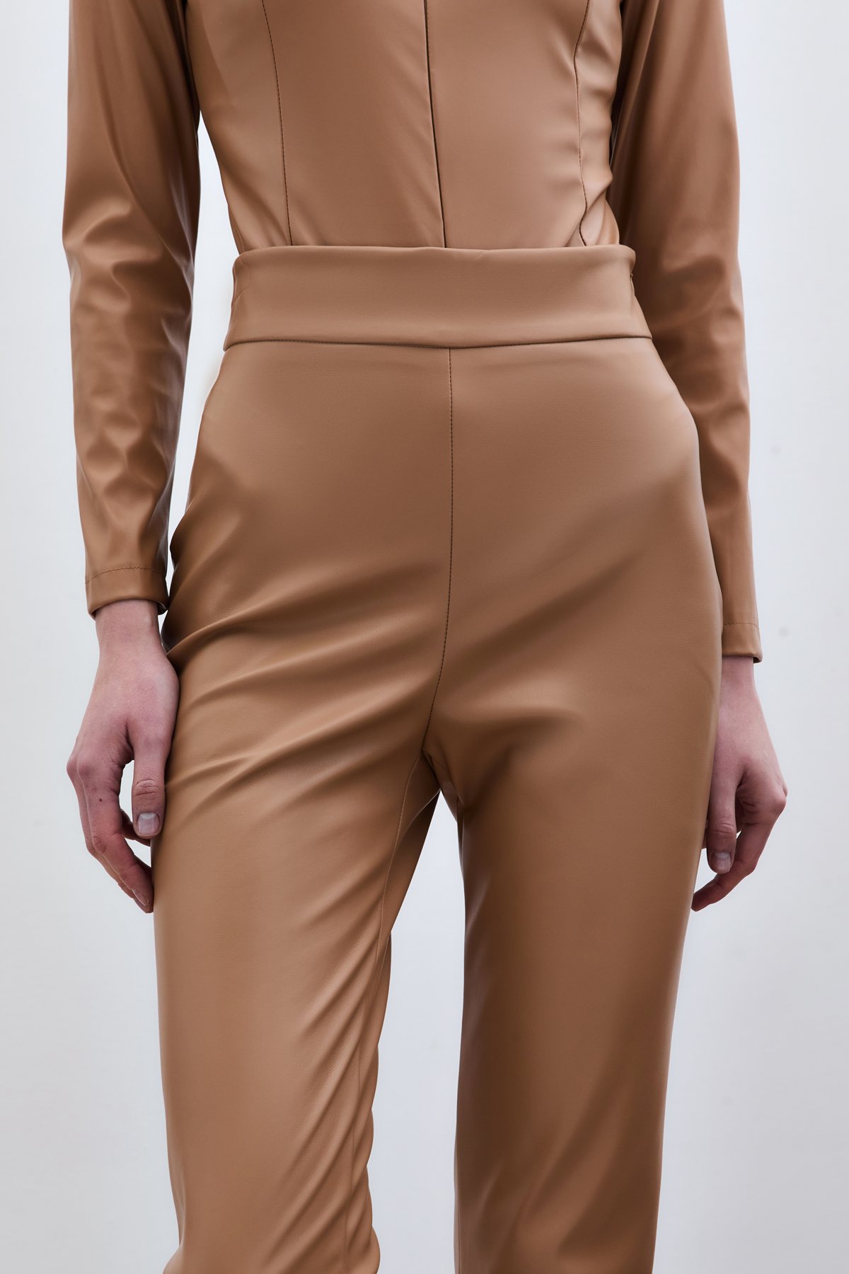 Yüksek Bel Deri Pantolon - Camel