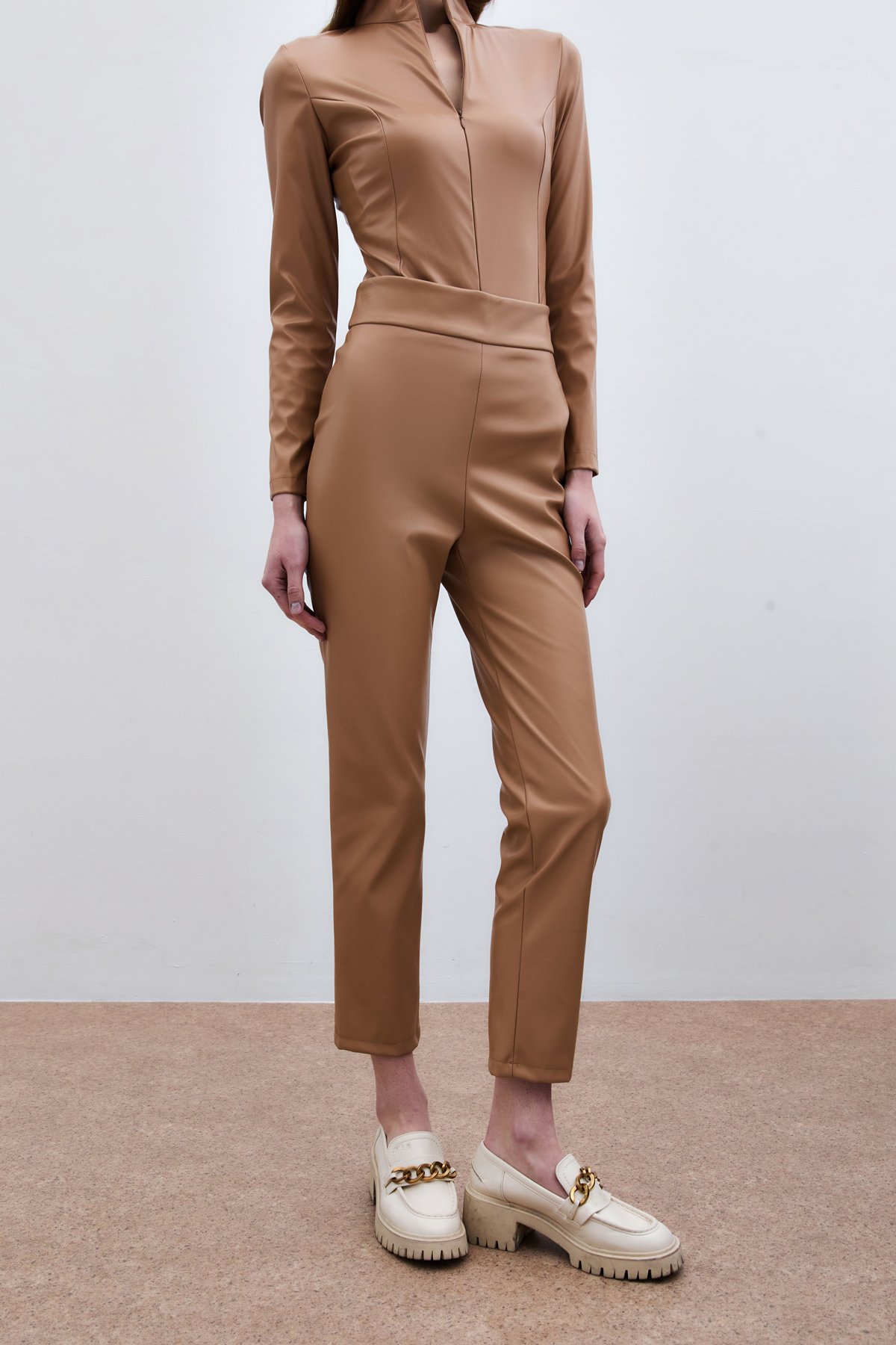 Yüksek Bel Deri Pantolon - Camel