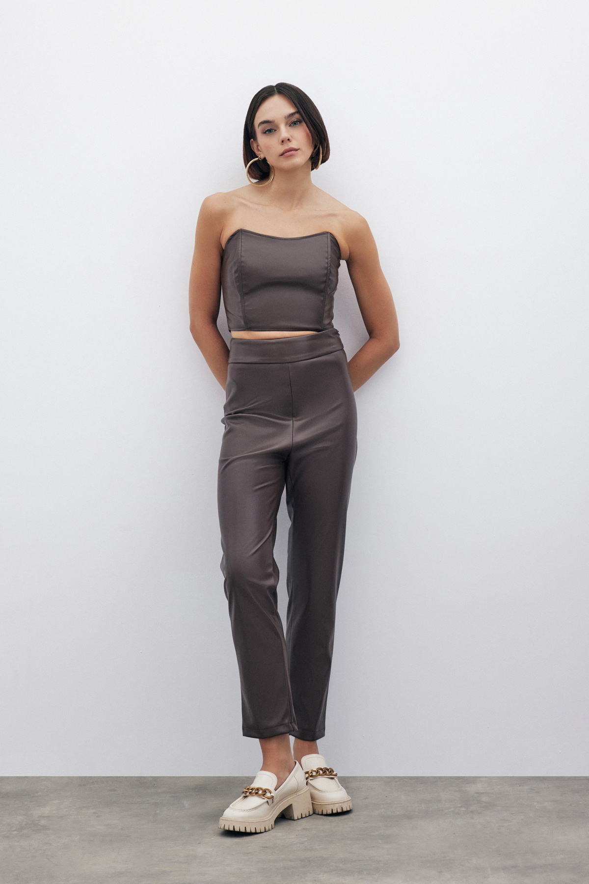 Yüksek Bel Deri Pantolon - KAHVE