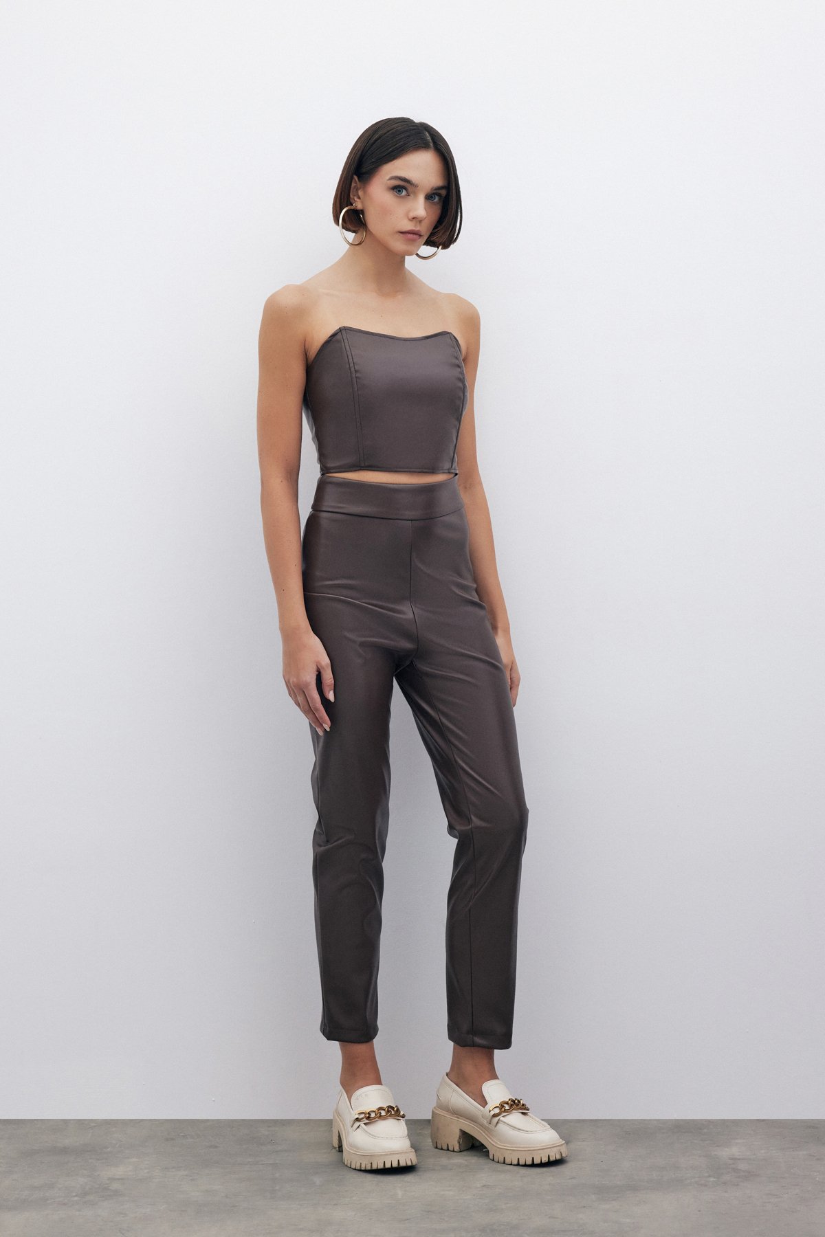Yüksek Bel Deri Pantolon - KAHVE