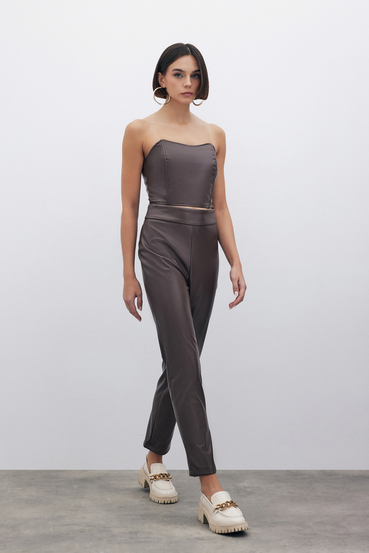 Yüksek Bel Deri Pantolon - KAHVE