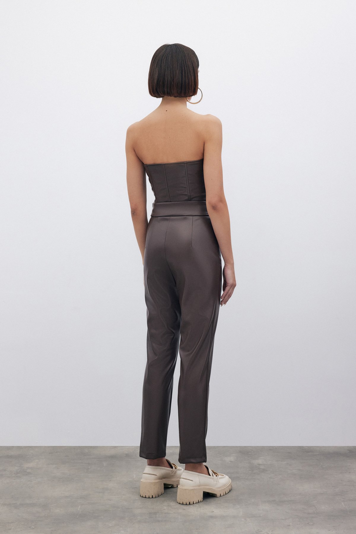 Yüksek Bel Deri Pantolon - KAHVE