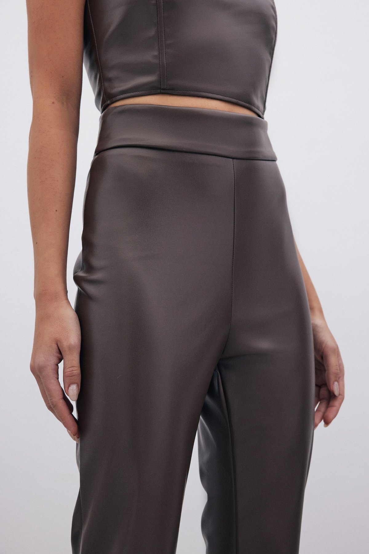 Yüksek Bel Deri Pantolon - KAHVE