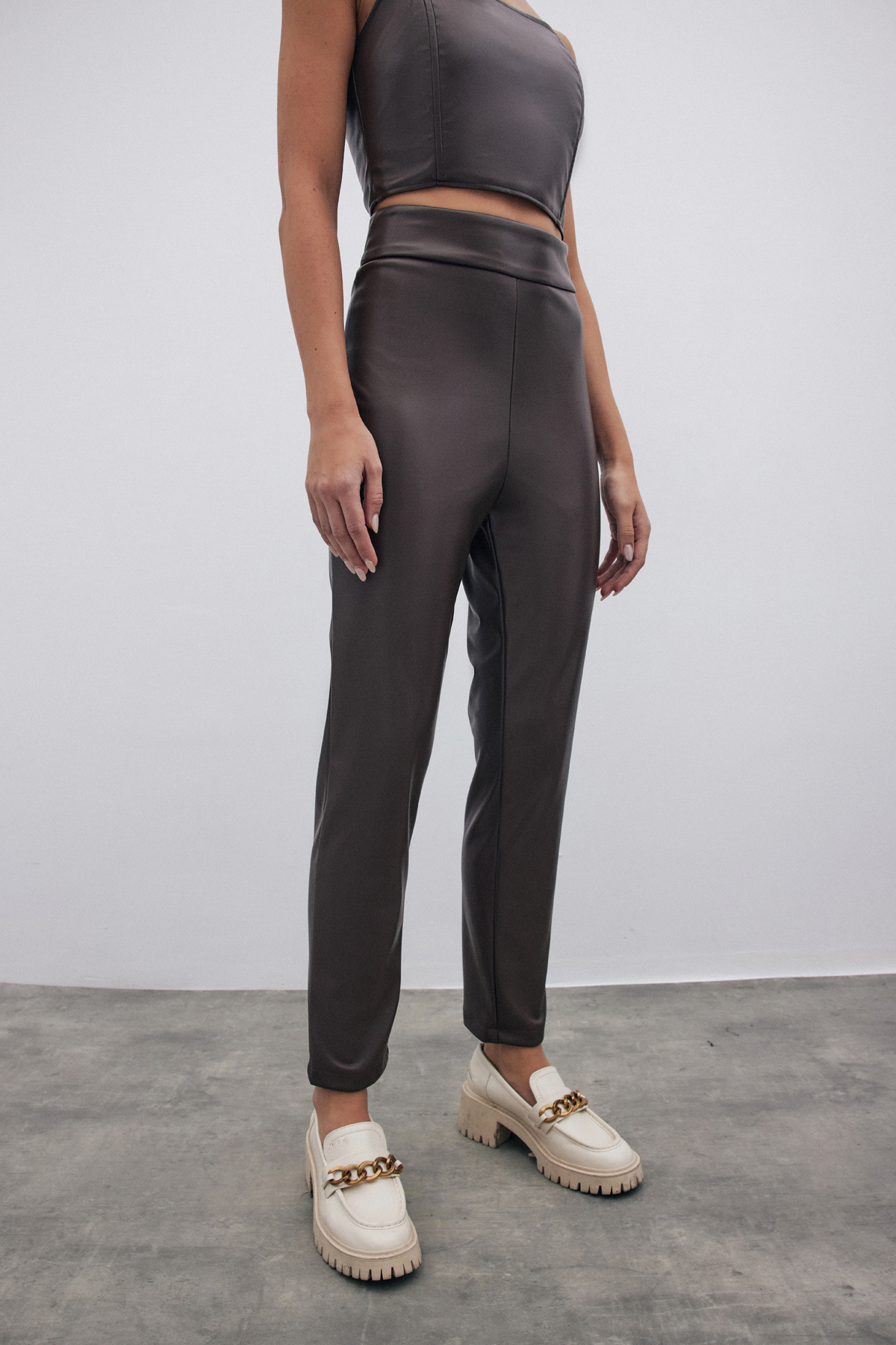 Yüksek Bel Deri Pantolon - KAHVE