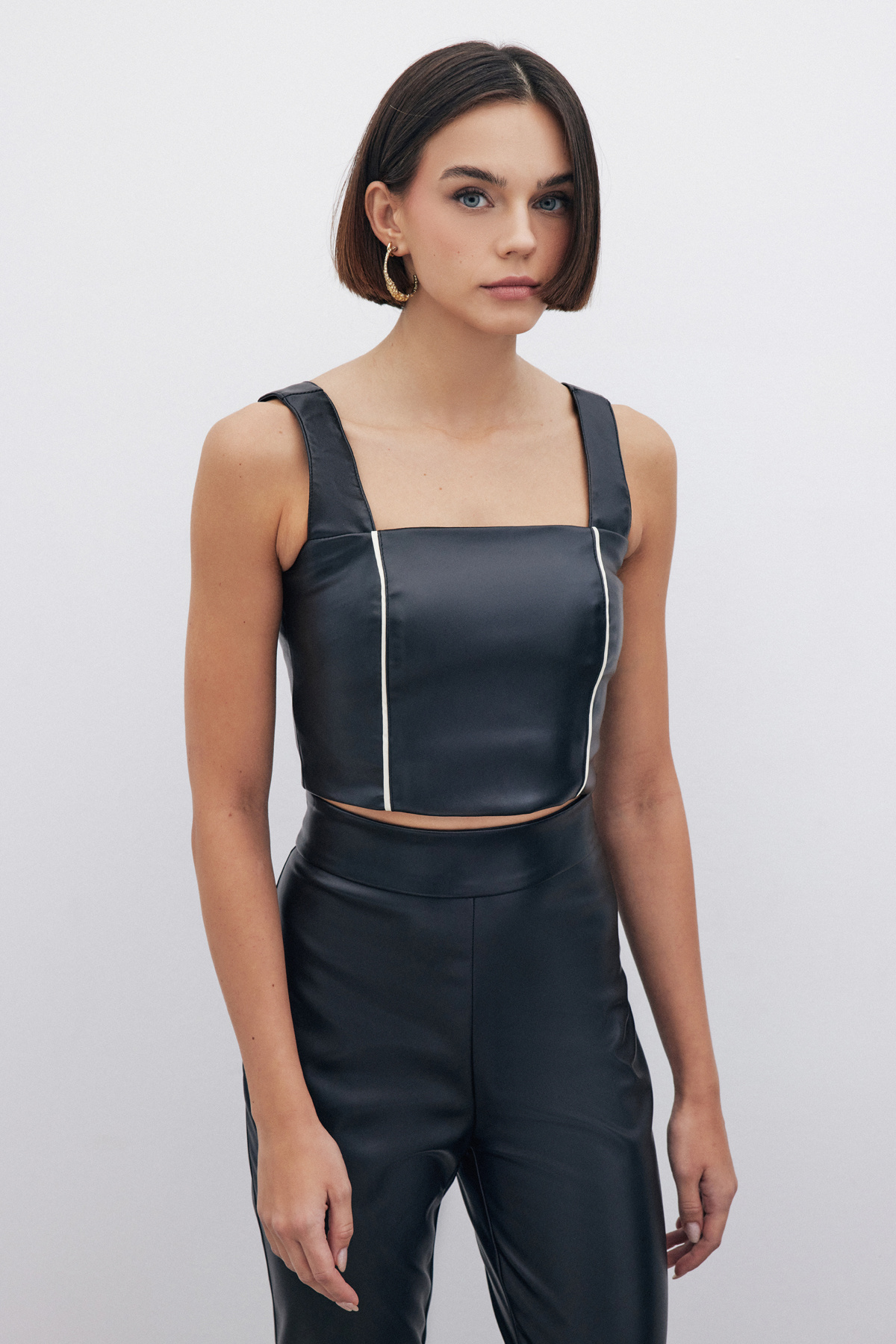 Yüksek Bel Deri Pantolon - SİYAH