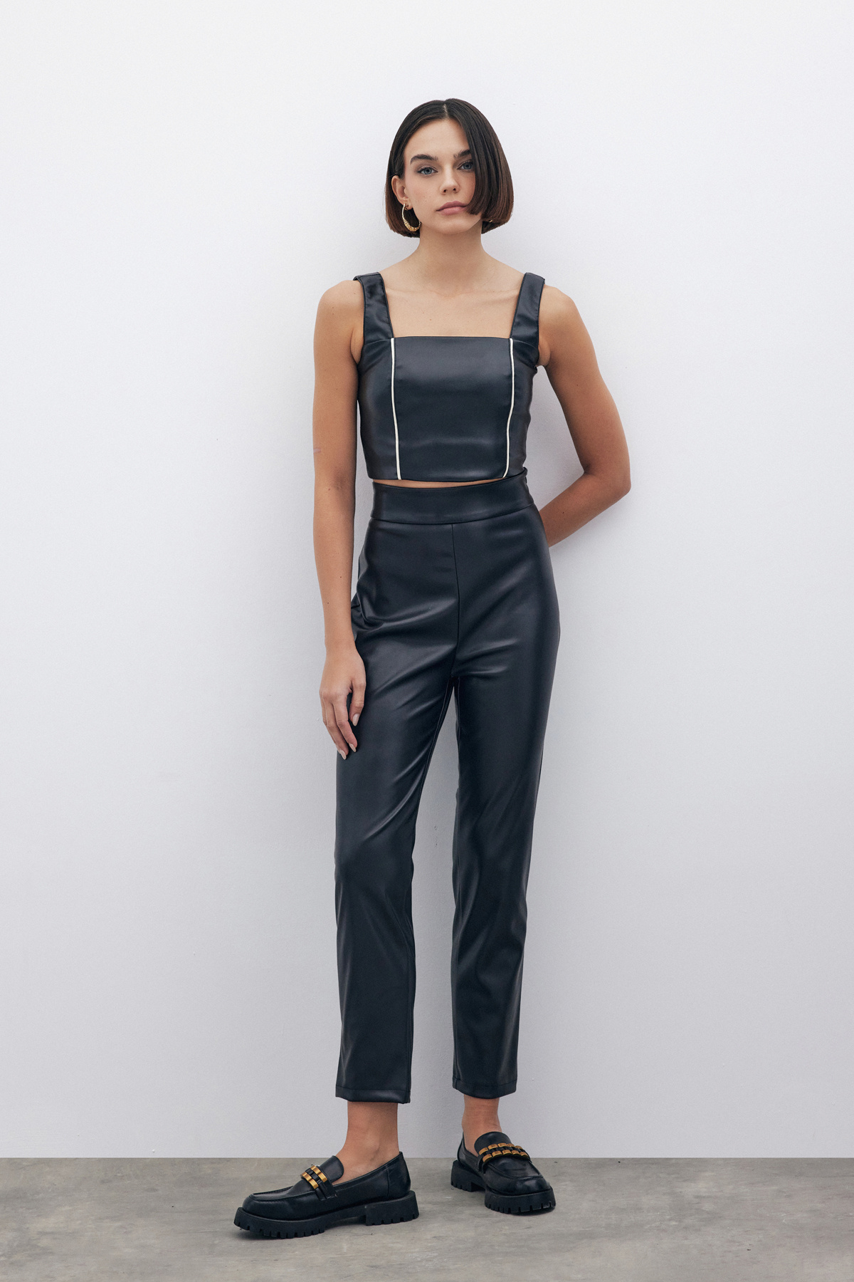 Yüksek Bel Deri Pantolon - SİYAH