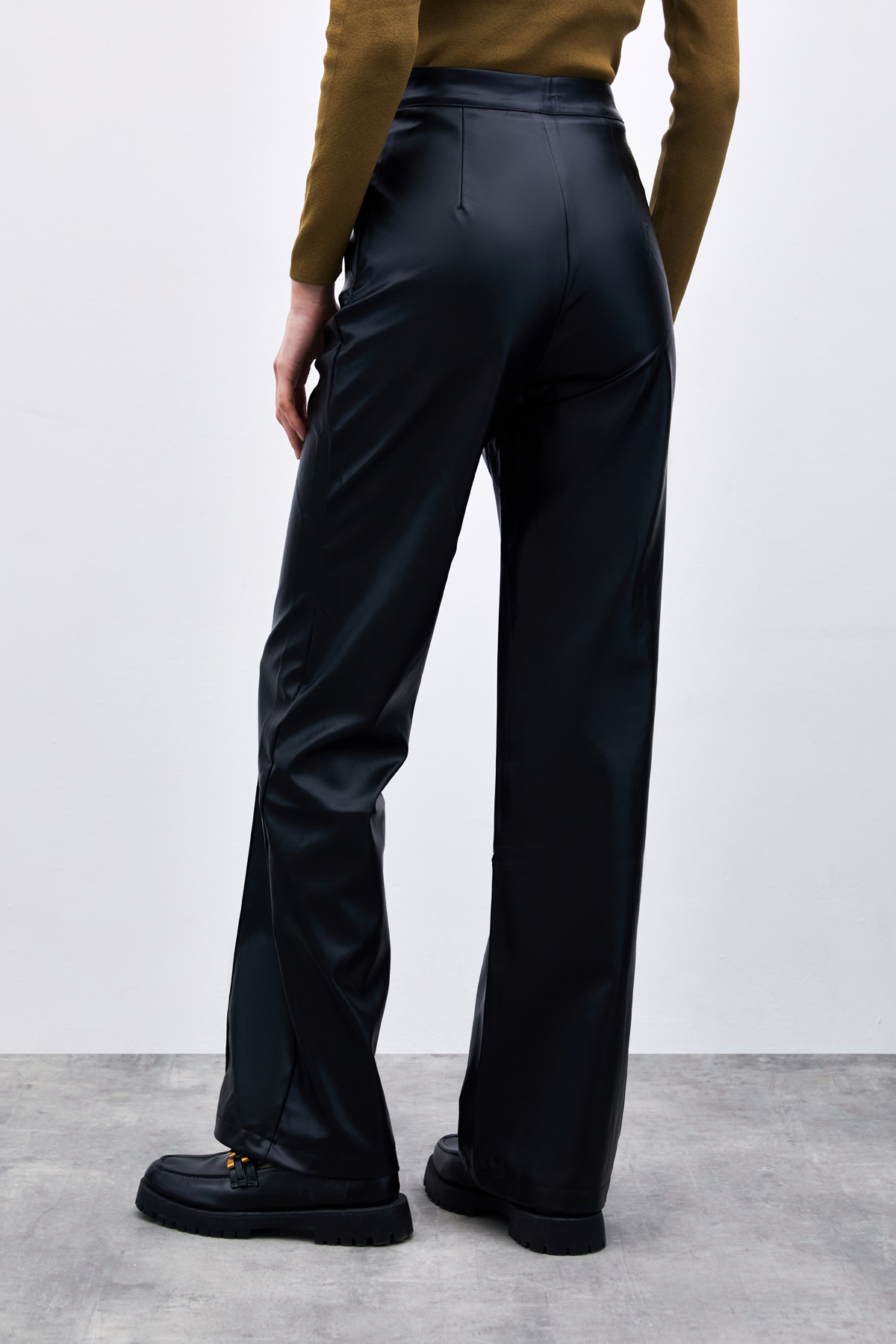 Yüksek Bel Deri Pantolon - Siyah