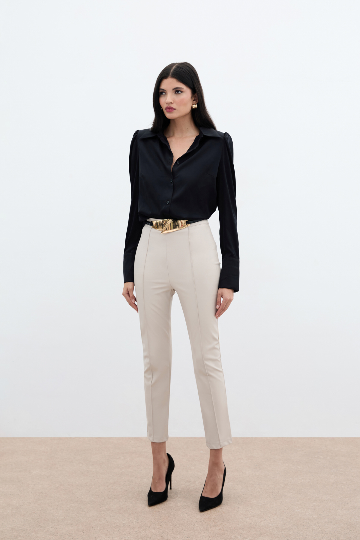 Yüksek Bel Deri Pantolon - Taş