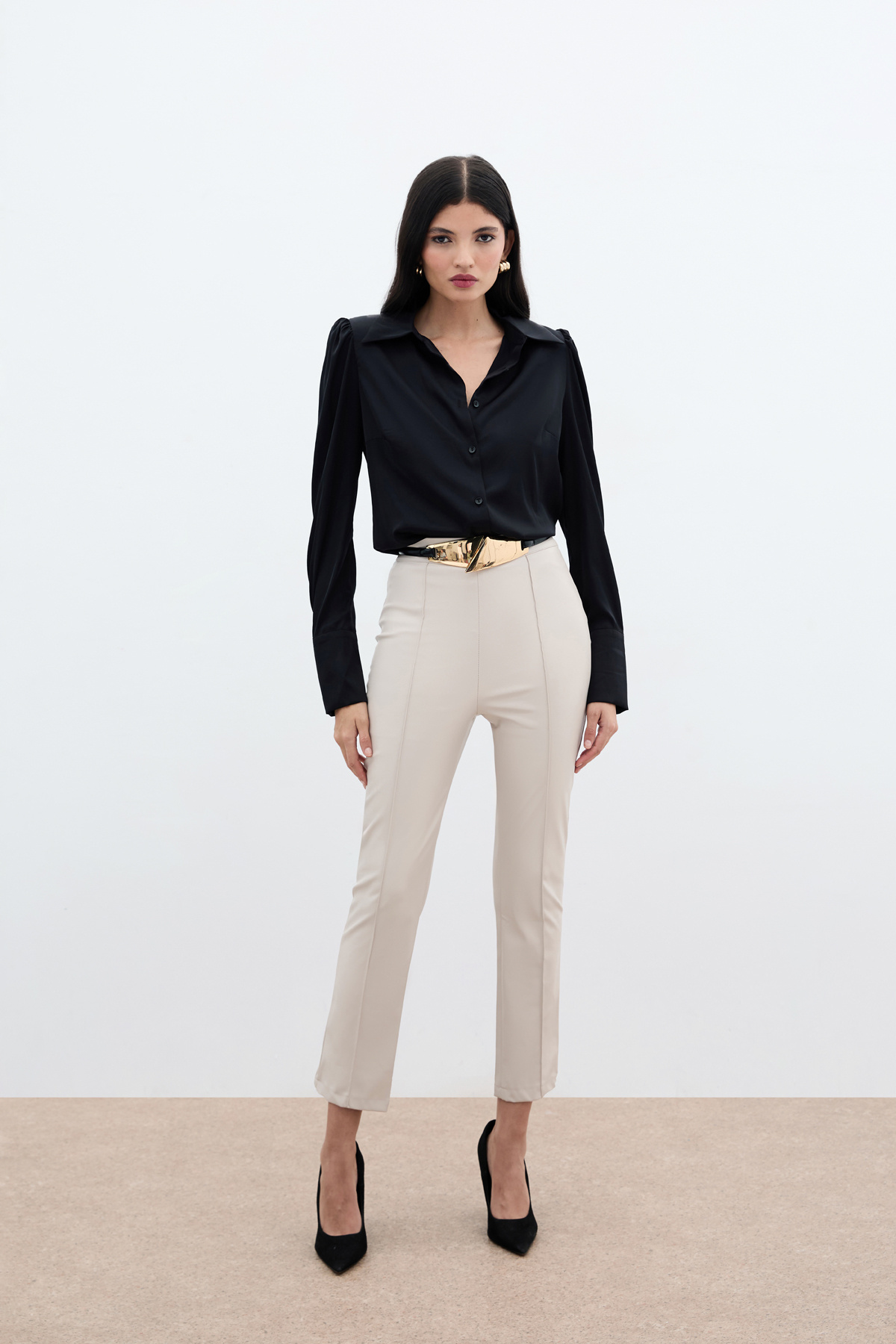 Yüksek Bel Deri Pantolon - Taş