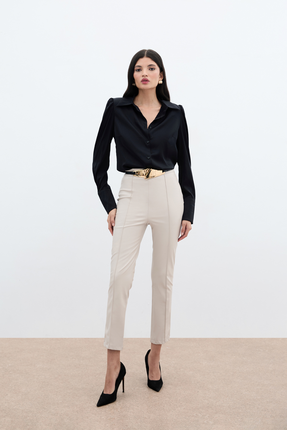 Yüksek Bel Deri Pantolon - Taş