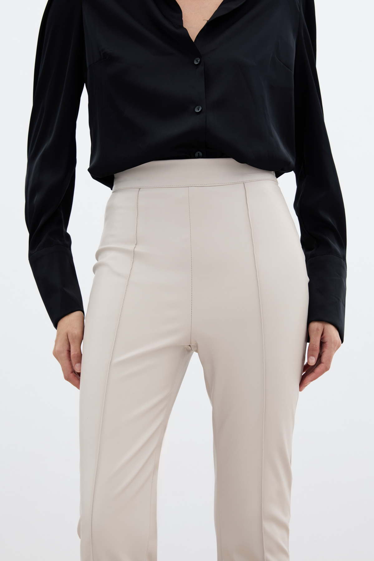 Yüksek Bel Deri Pantolon - Taş