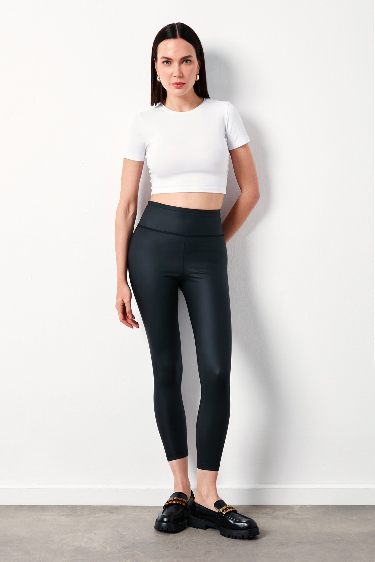 Yüksek Bel Deri Tayt - SİYAH