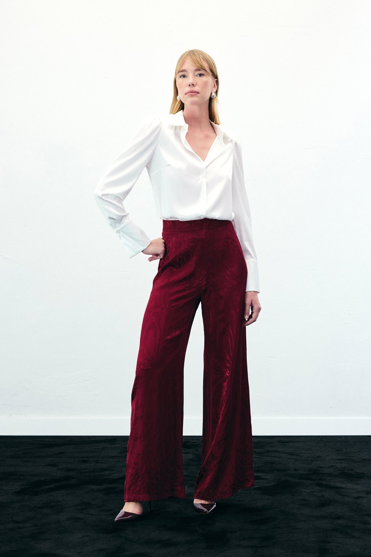 Yüksek Bel Desenli Pantolon - Bordo