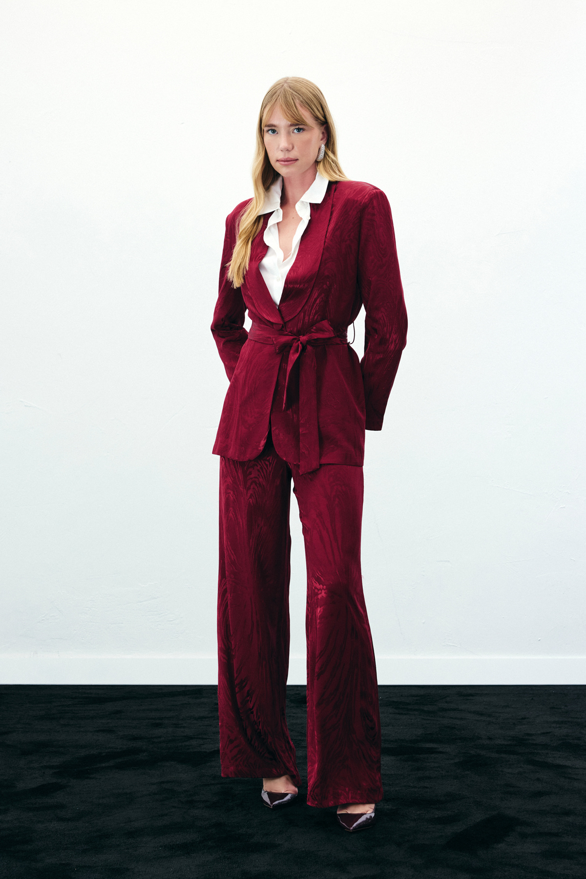 Yüksek Bel Desenli Pantolon - Bordo