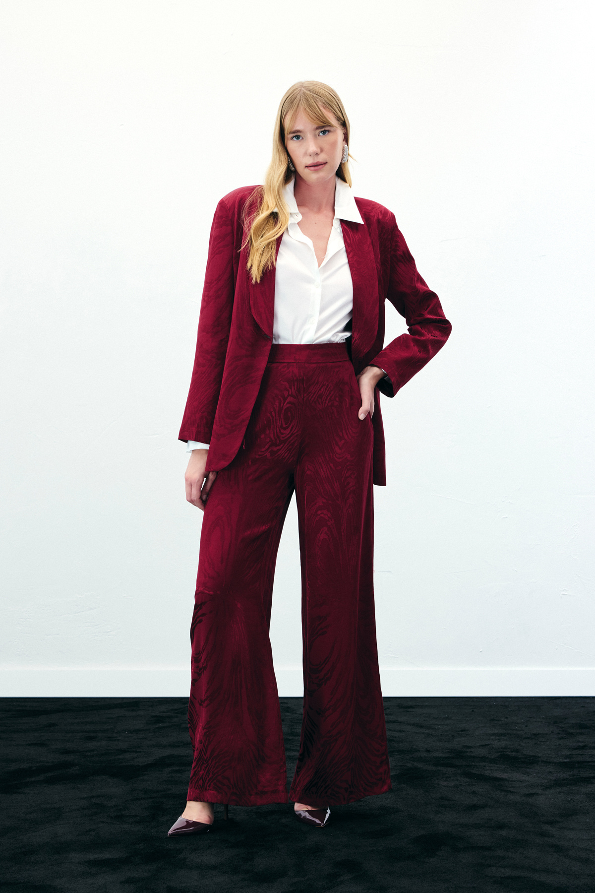 Yüksek Bel Desenli Pantolon - Bordo