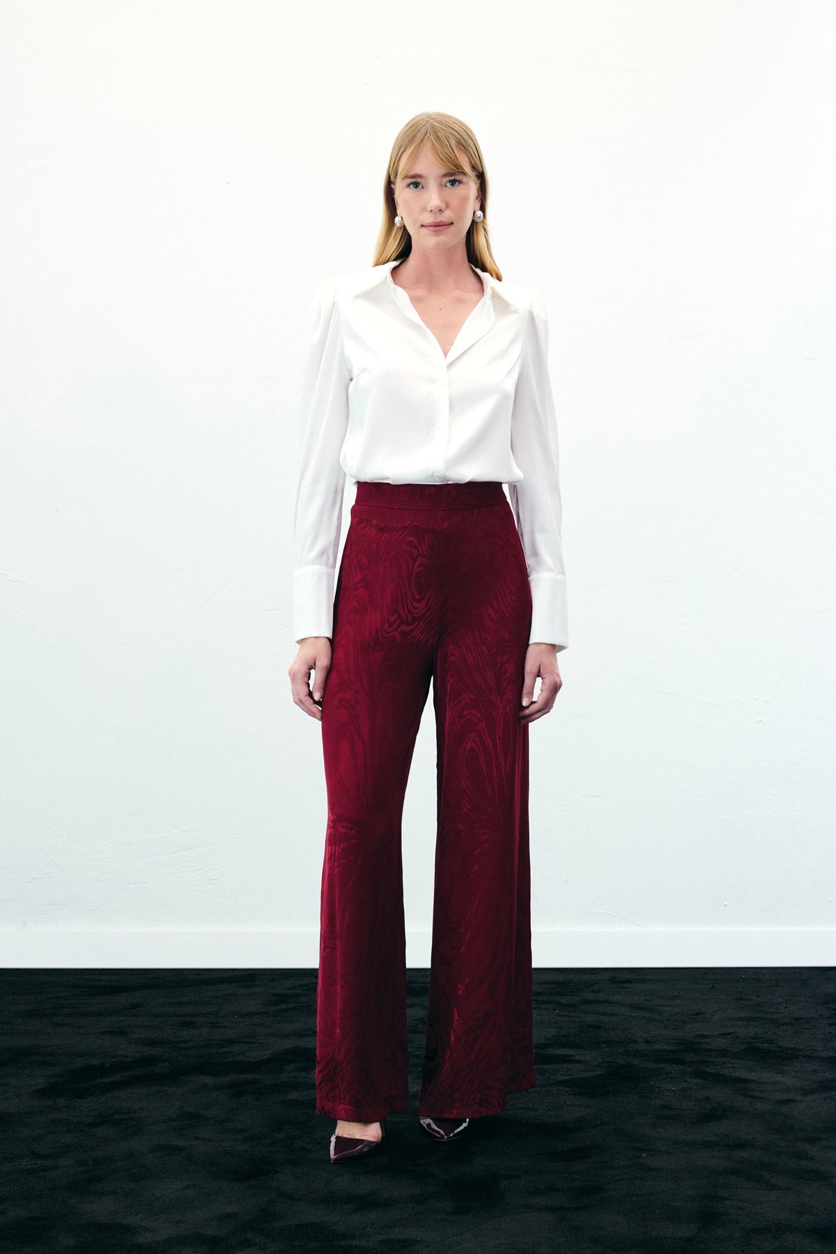 Yüksek Bel Desenli Pantolon - Bordo