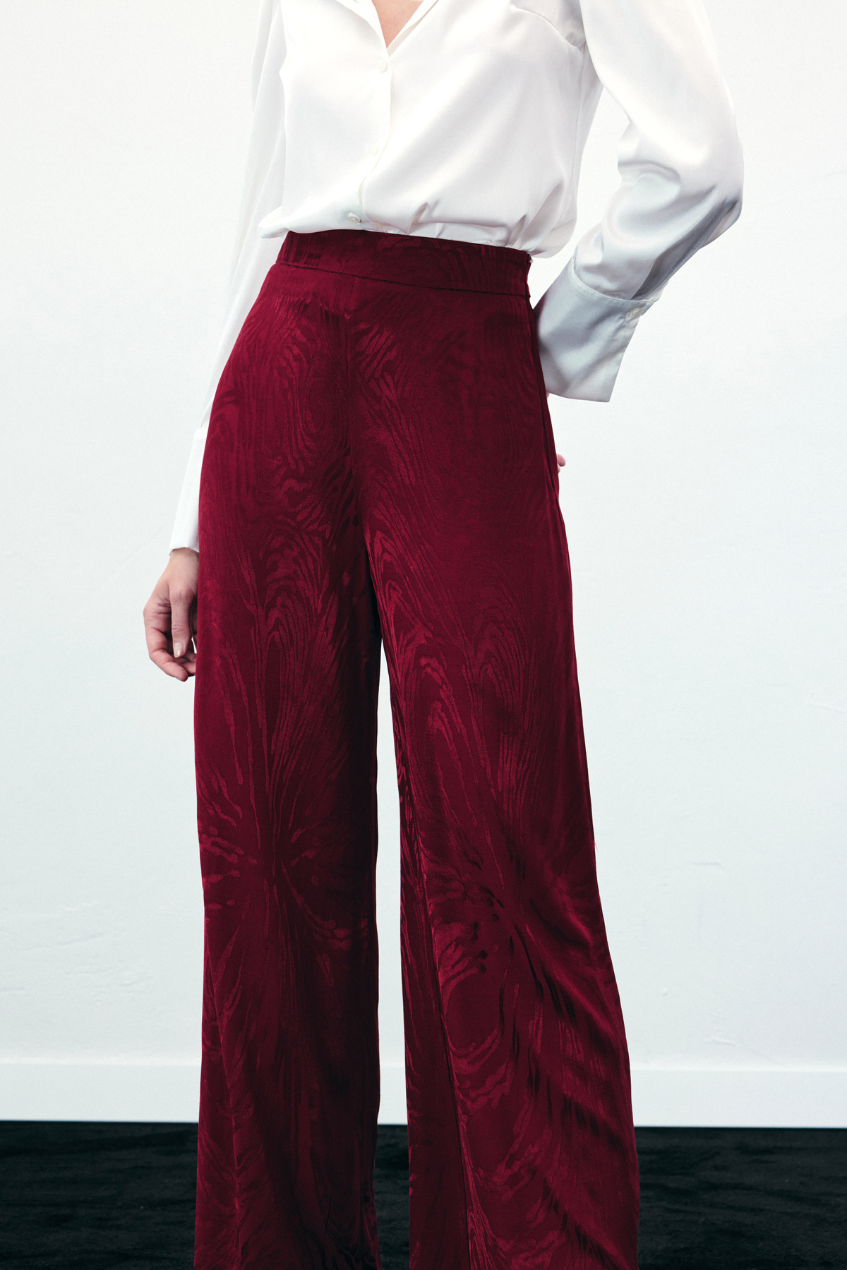 Yüksek Bel Desenli Pantolon - Bordo