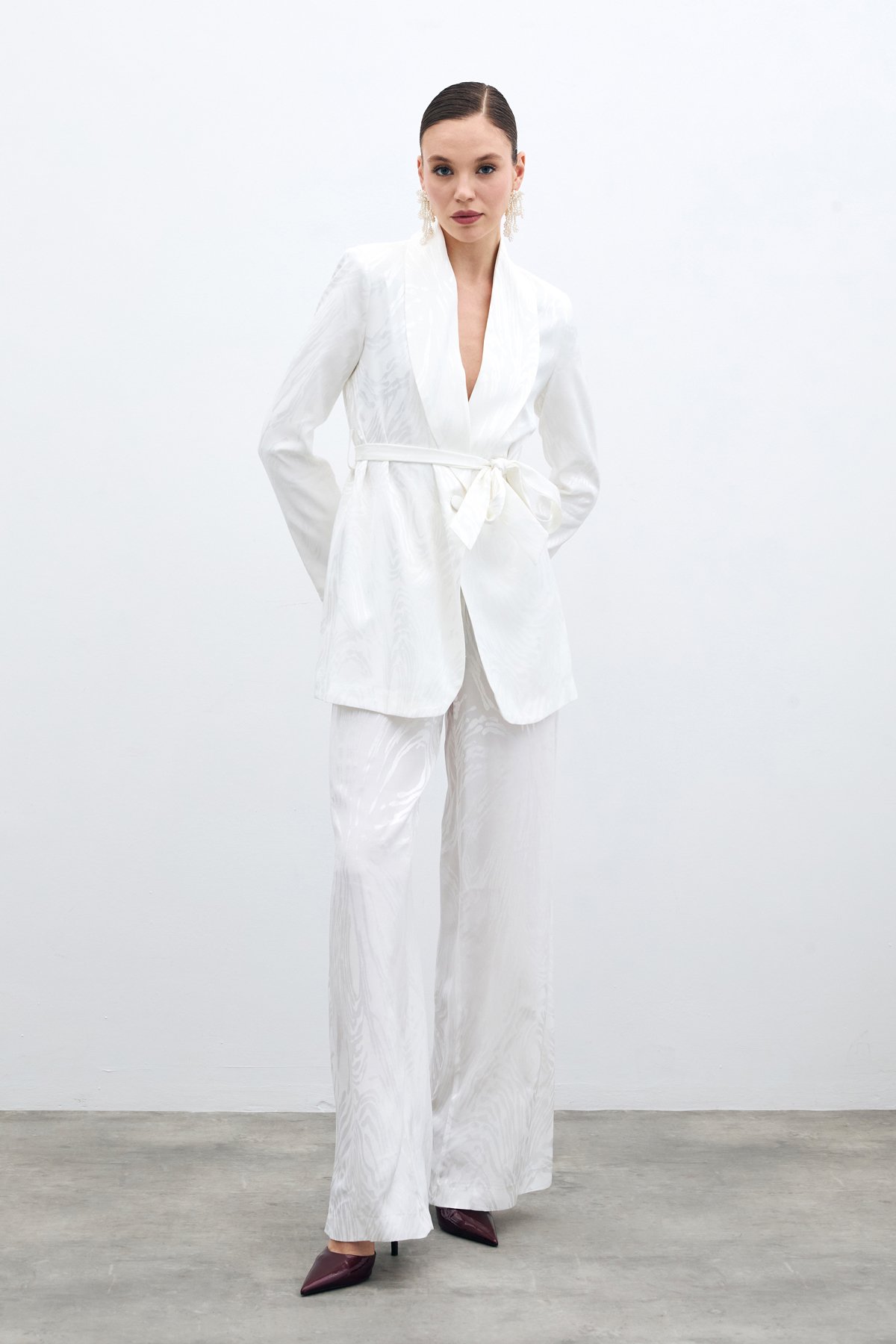 Yüksek Bel Desenli Pantolon - Ekru