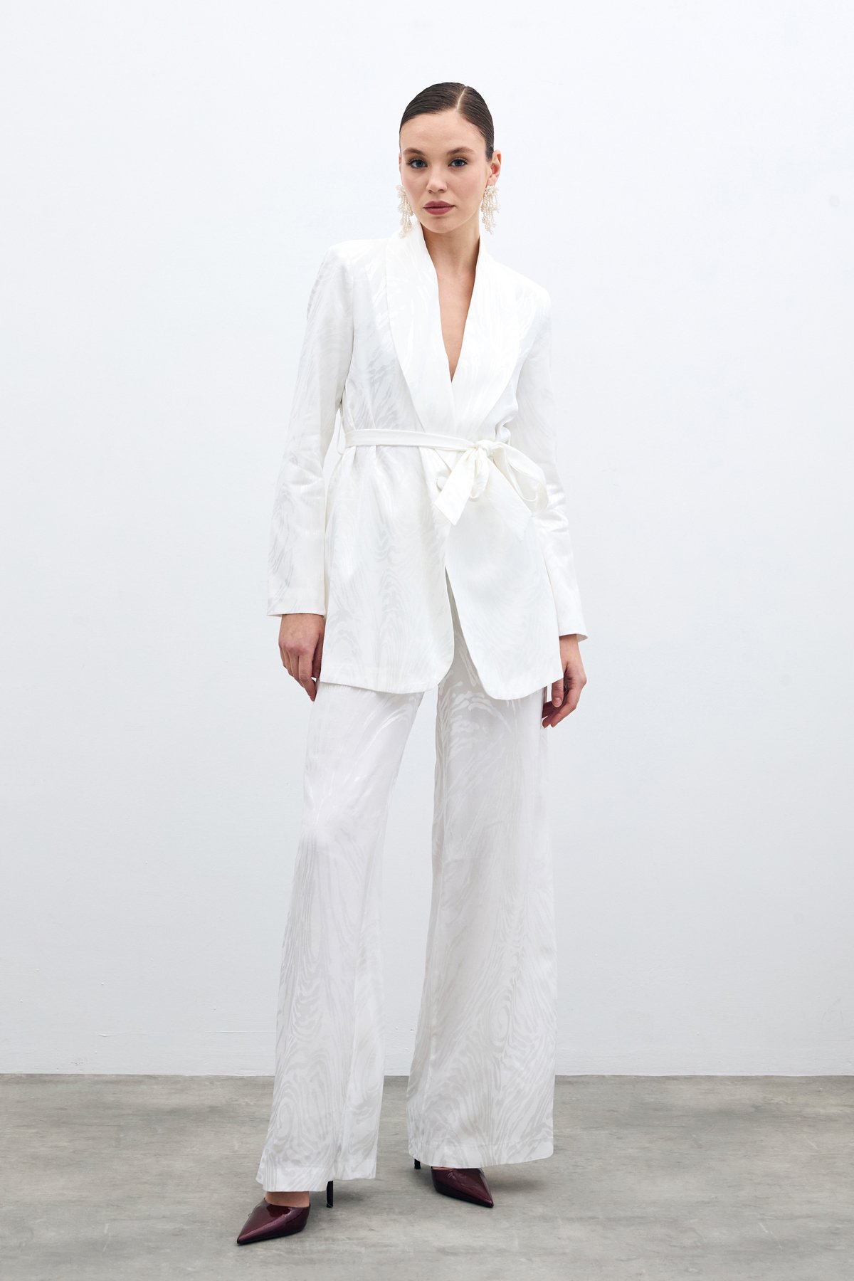 Yüksek Bel Desenli Pantolon - Ekru