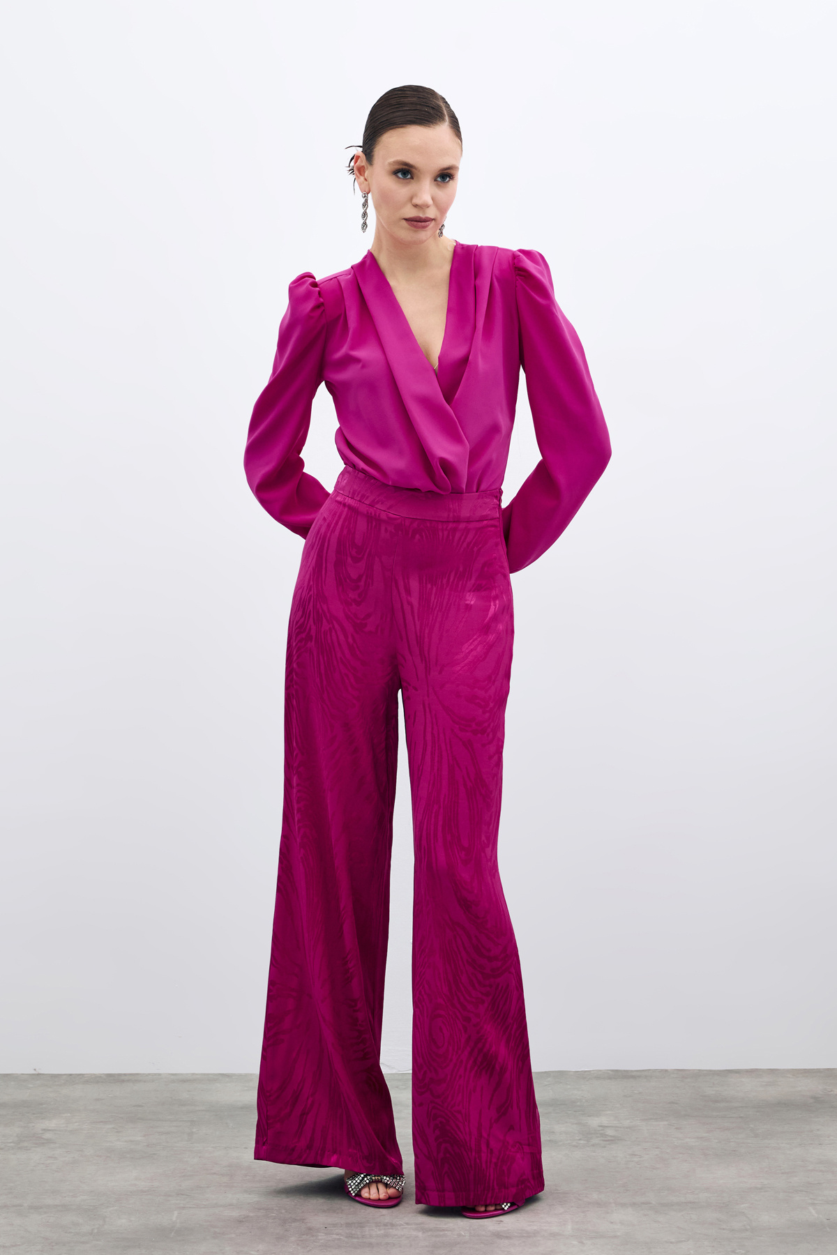 Yüksek Bel Desenli Pantolon - Fuşya