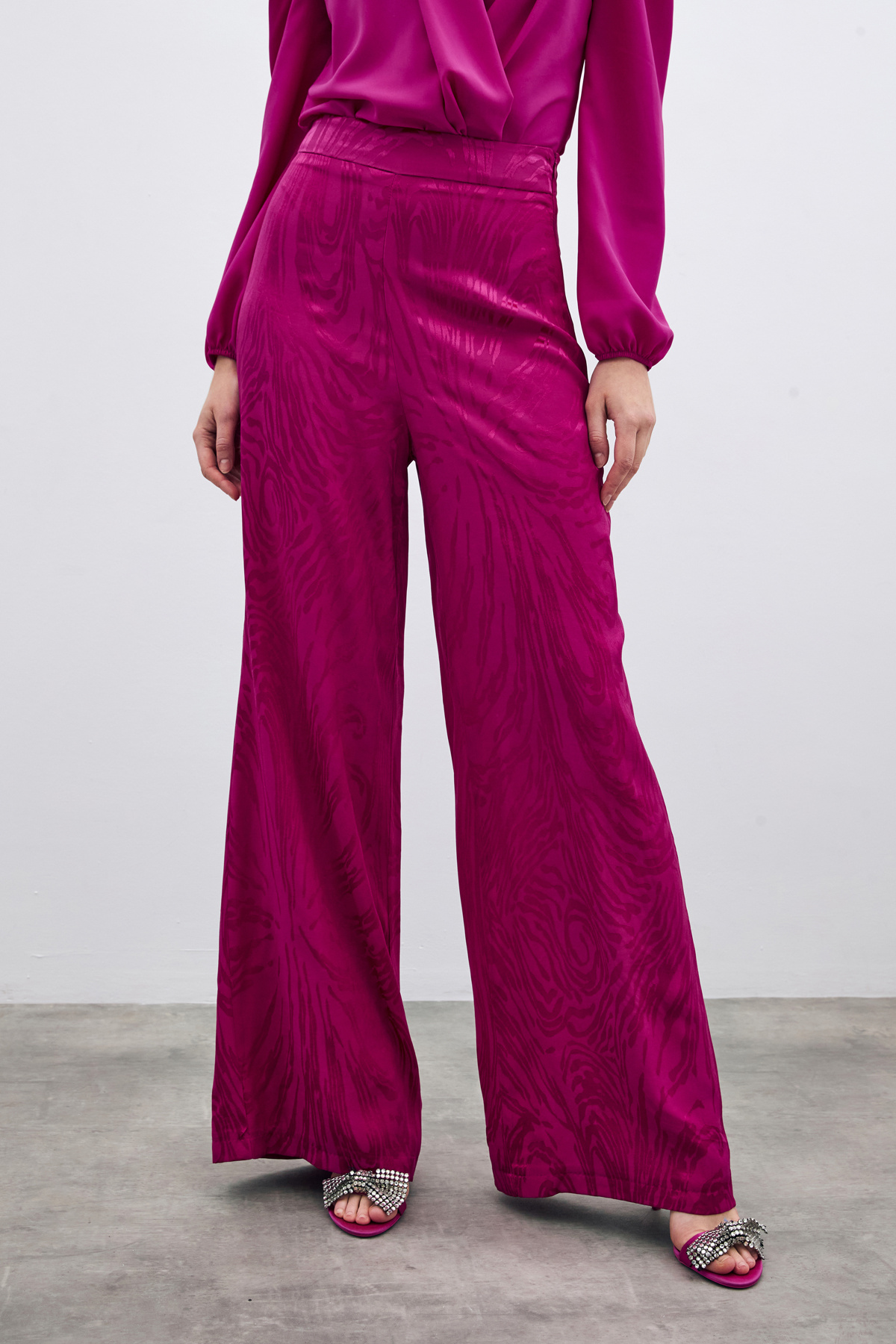 Yüksek Bel Desenli Pantolon - Fuşya